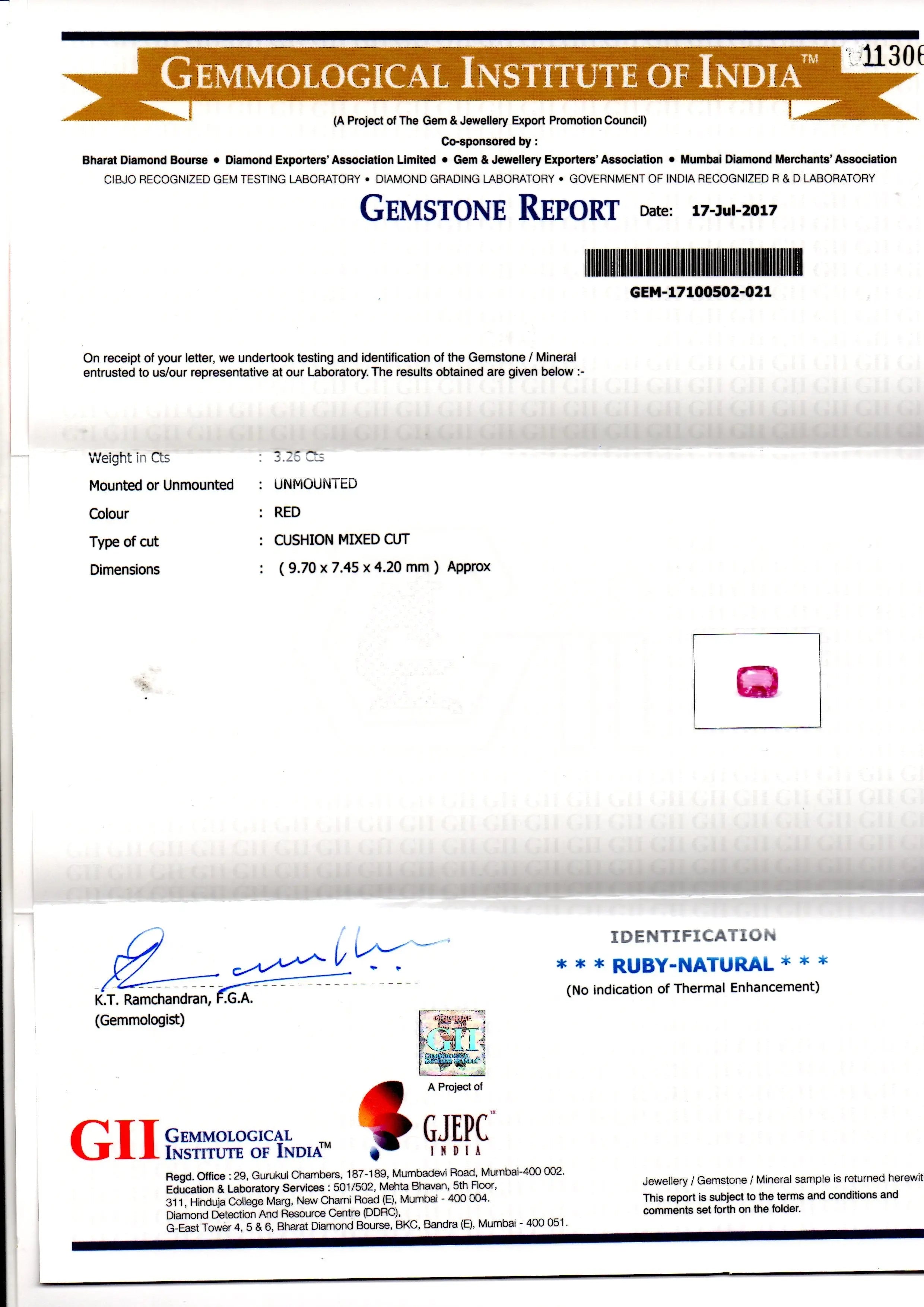 3.26 Ct GII Certified Unheated Untreated Natural Madagaskar Ruby AAAA
