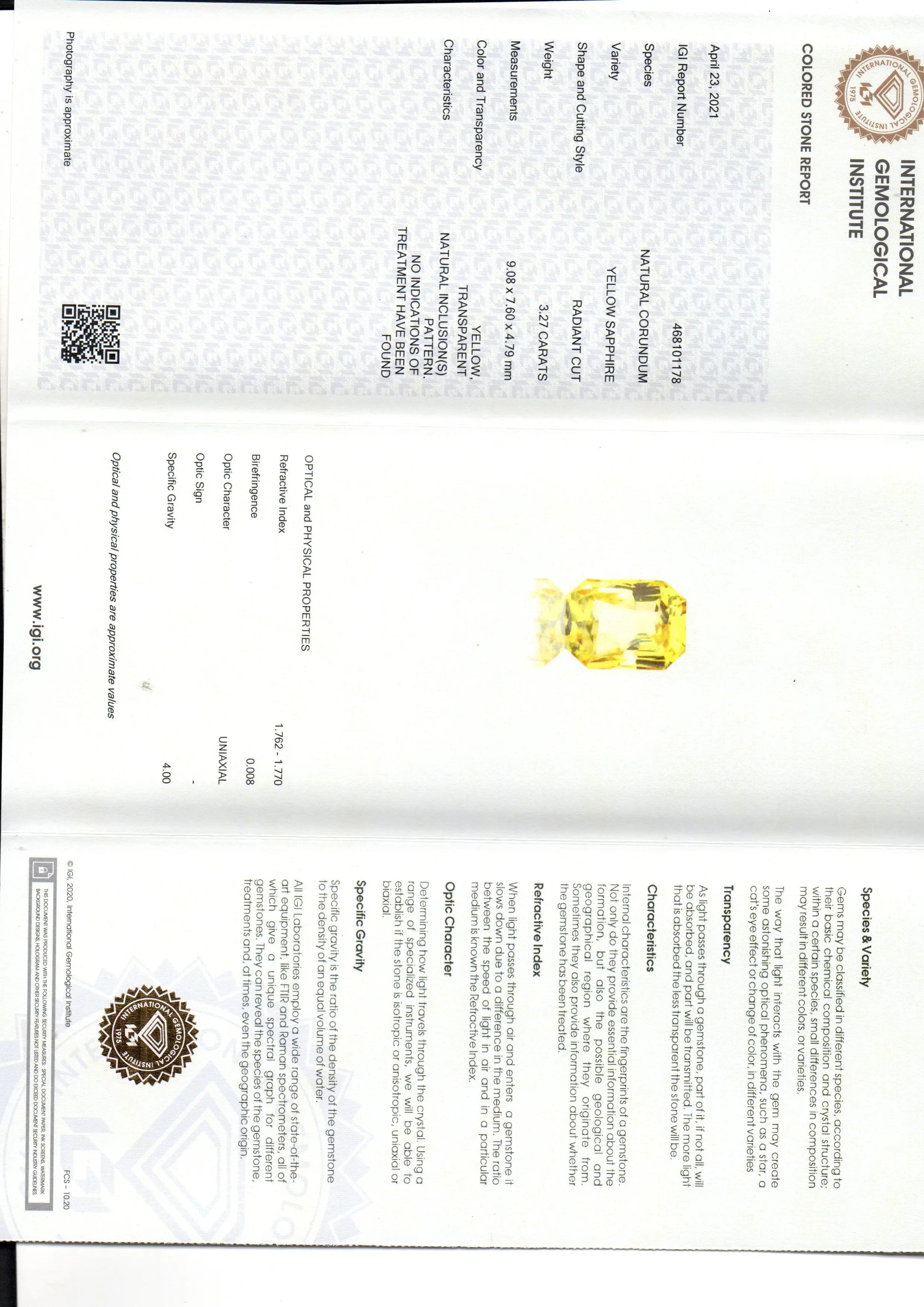 3.27 Ct IGI Certified Unheated Untreated Natural Ceylon Yellow Sapphire AAAAA