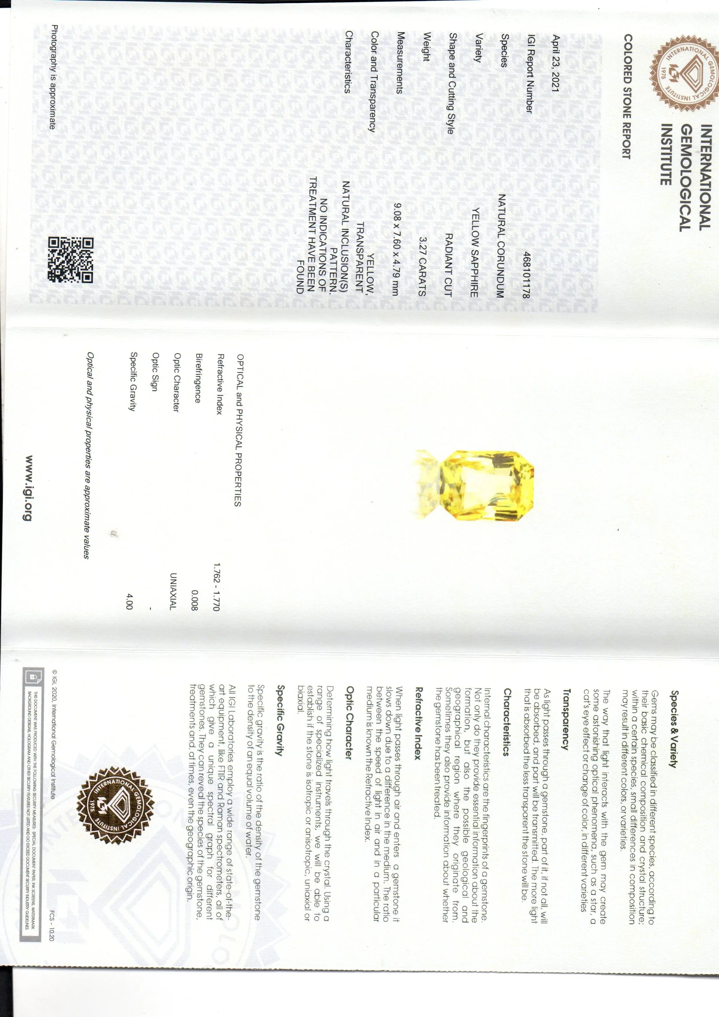 3.27 Ct IGI Certified Unheated Untreated Natural Ceylon Yellow Sapphire AAAAA