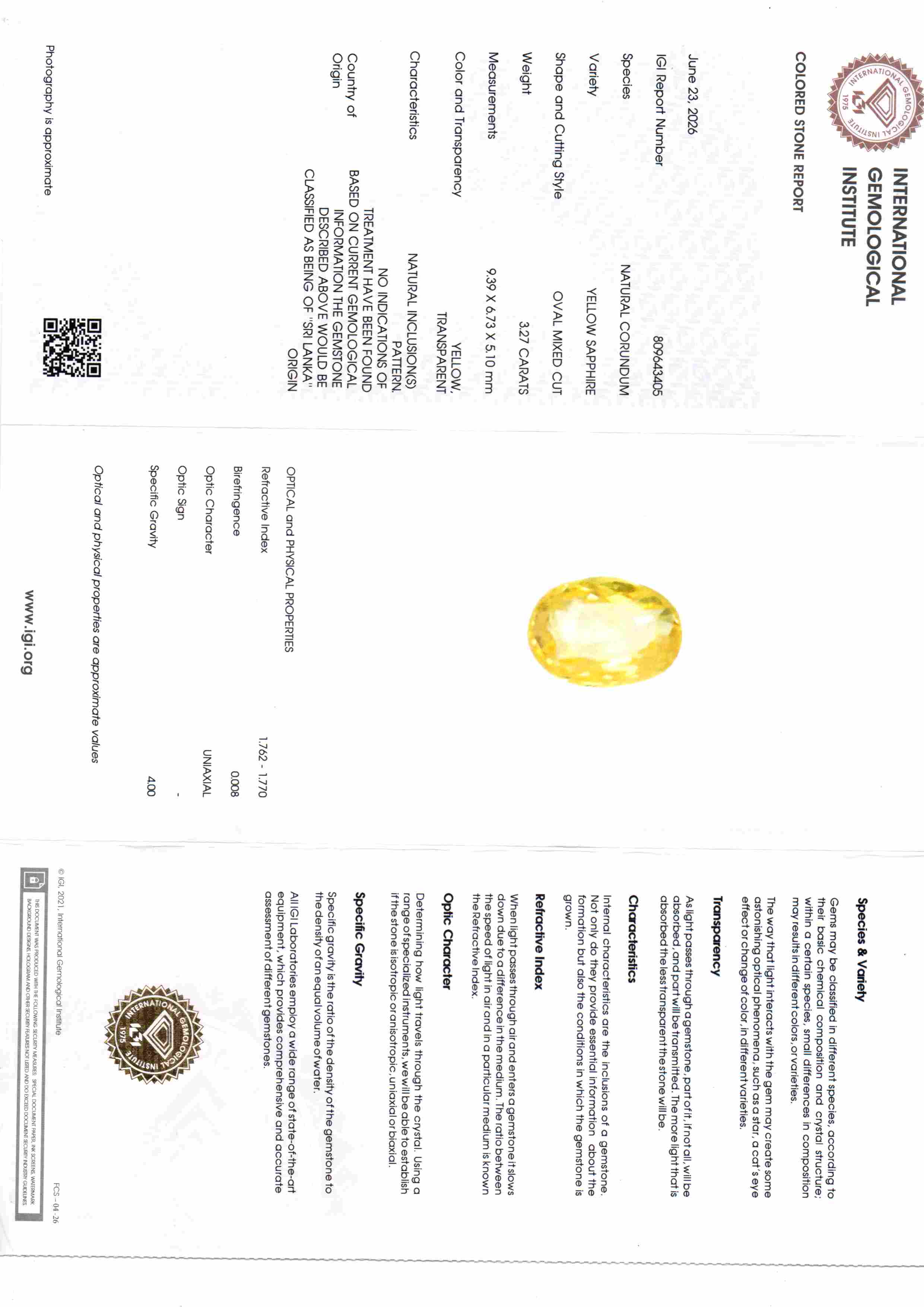 3.27 Ct IGI Certified Unheated Natural Ceylon Yellow Sapphire Pukhraj – 3.59 Ratti