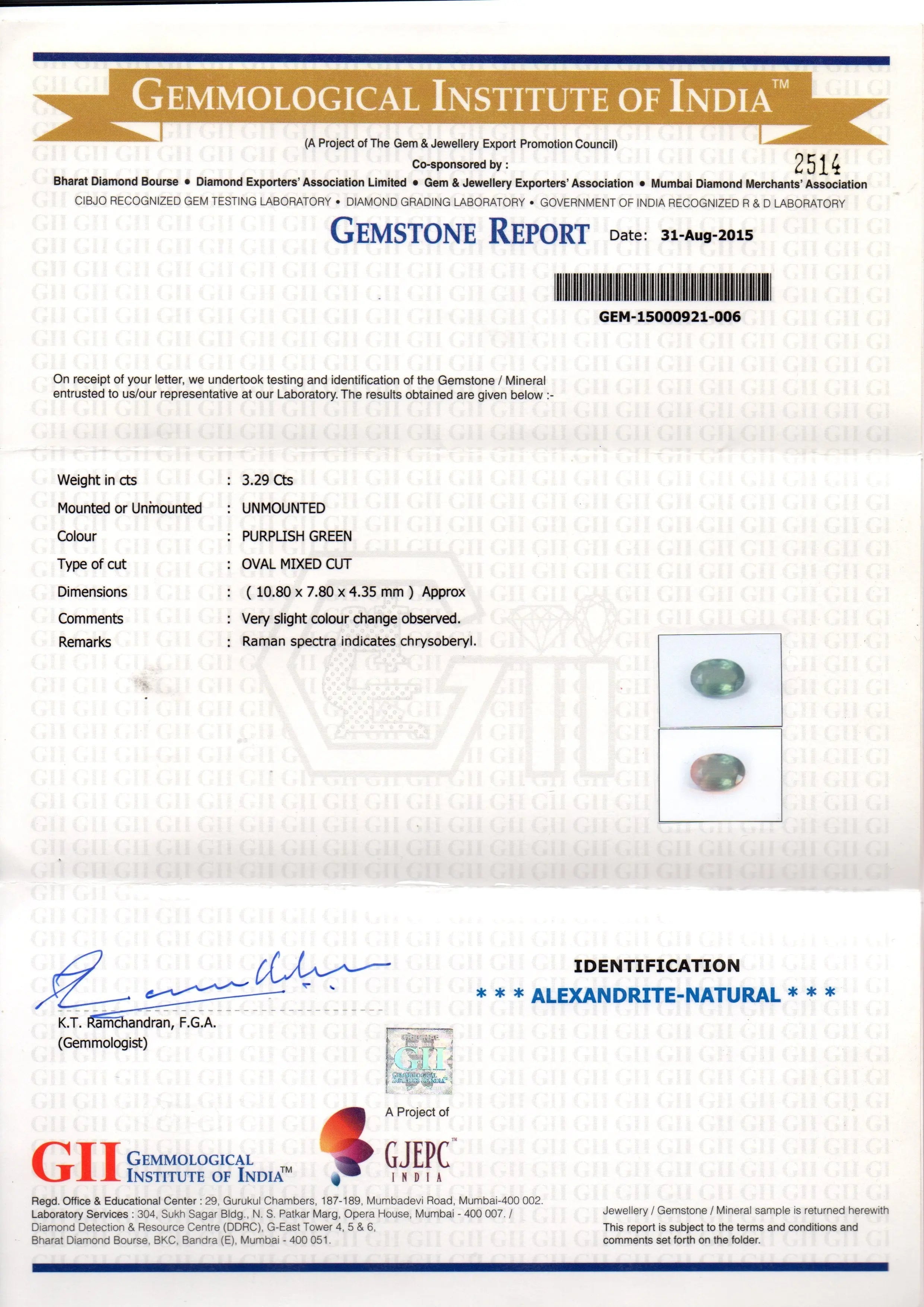 3.29 Ct GII Certified Untreated Natural Colour Changing Alexandrite