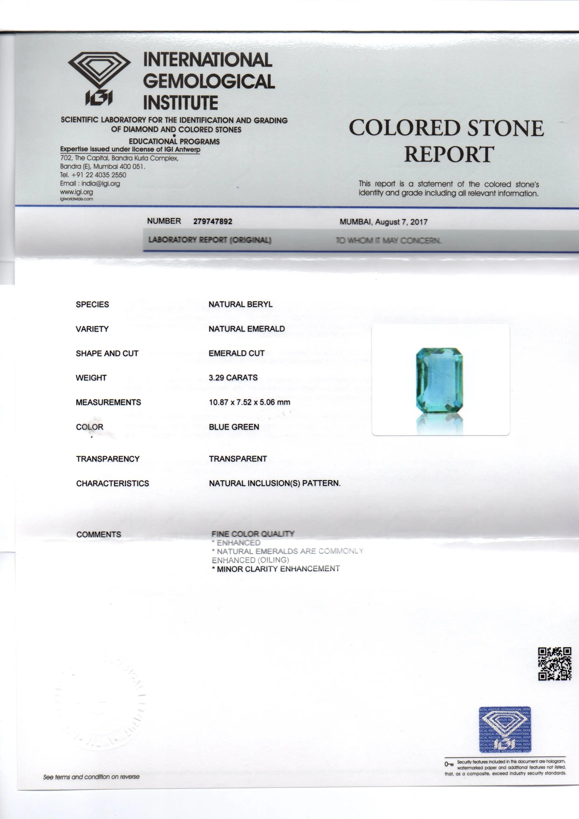 3.29 Ct Untreated Natural Zambian Emerald Gemstone Panna AAAAA