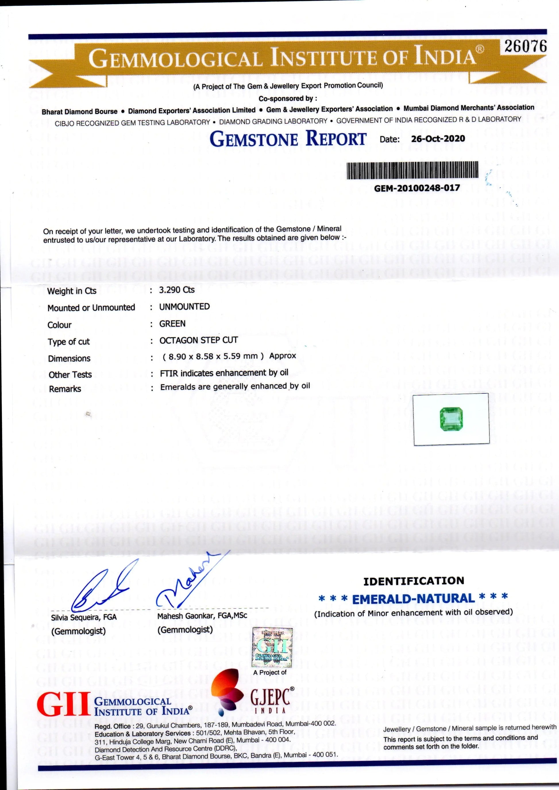 3.29 Ct GII Certified Untreated Natural Zambian Emerald Gems AAAA