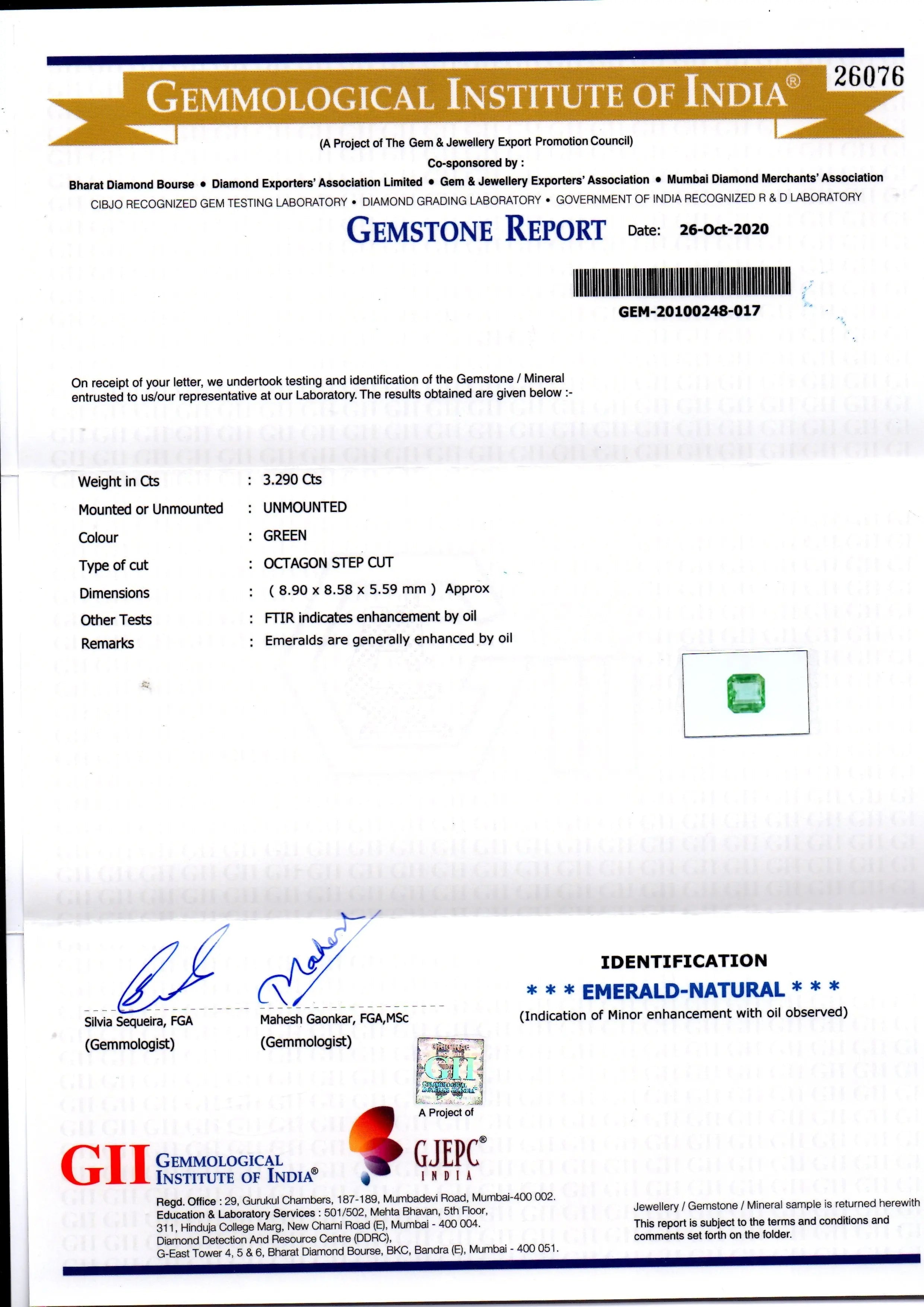 3.29 Ct GII Certified Untreated Natural Zambian Emerald Gems AAAA