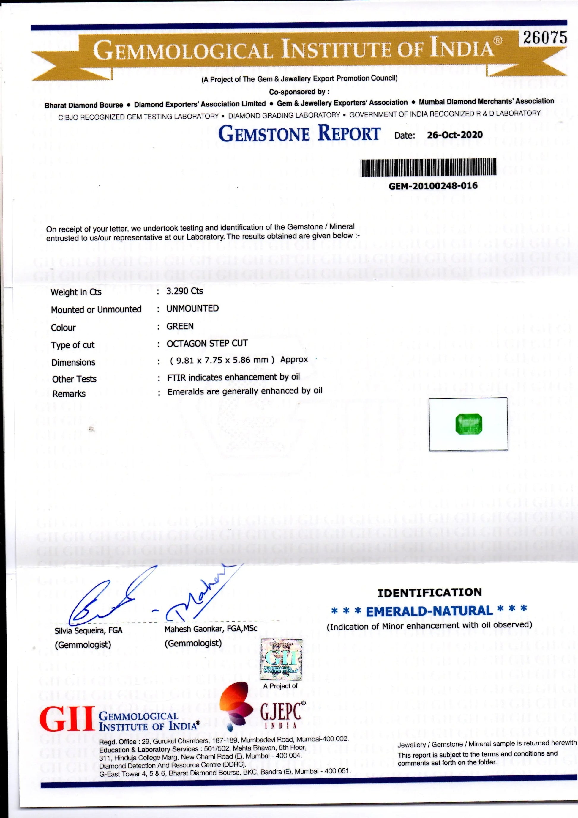 3.29 Ct GII Certified Untreated Natural Zambian Emerald Gemstones