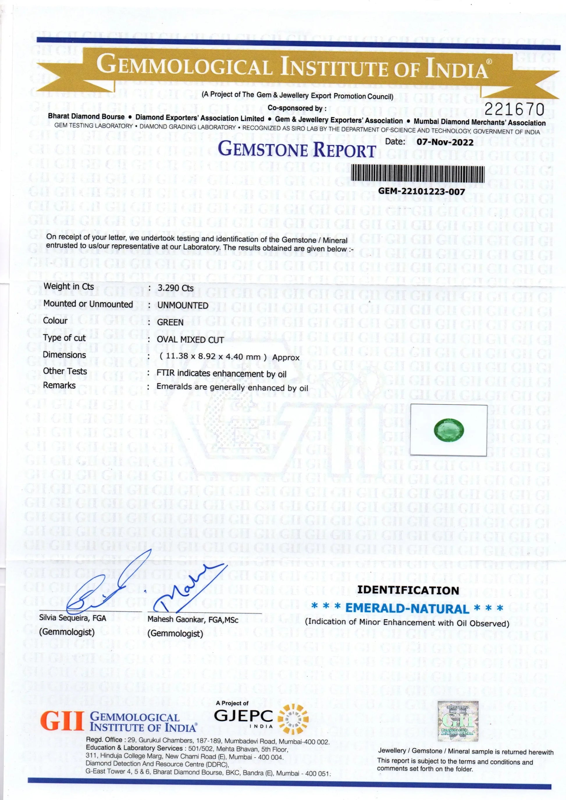 3.29 Ct GII Certified Untreated Natural Zambian Emerald Gemstone AA - Venus Gems