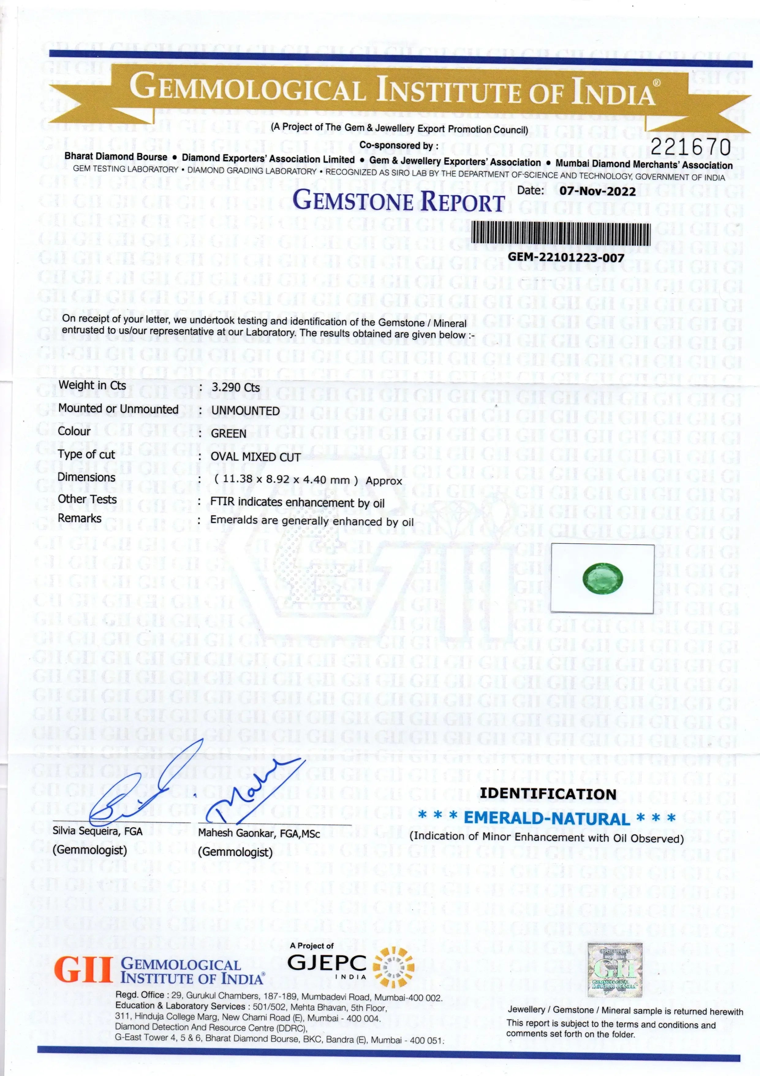 3.29 Ct GII Certified Untreated Natural Zambian Emerald Gemstone AA - Venus Gems