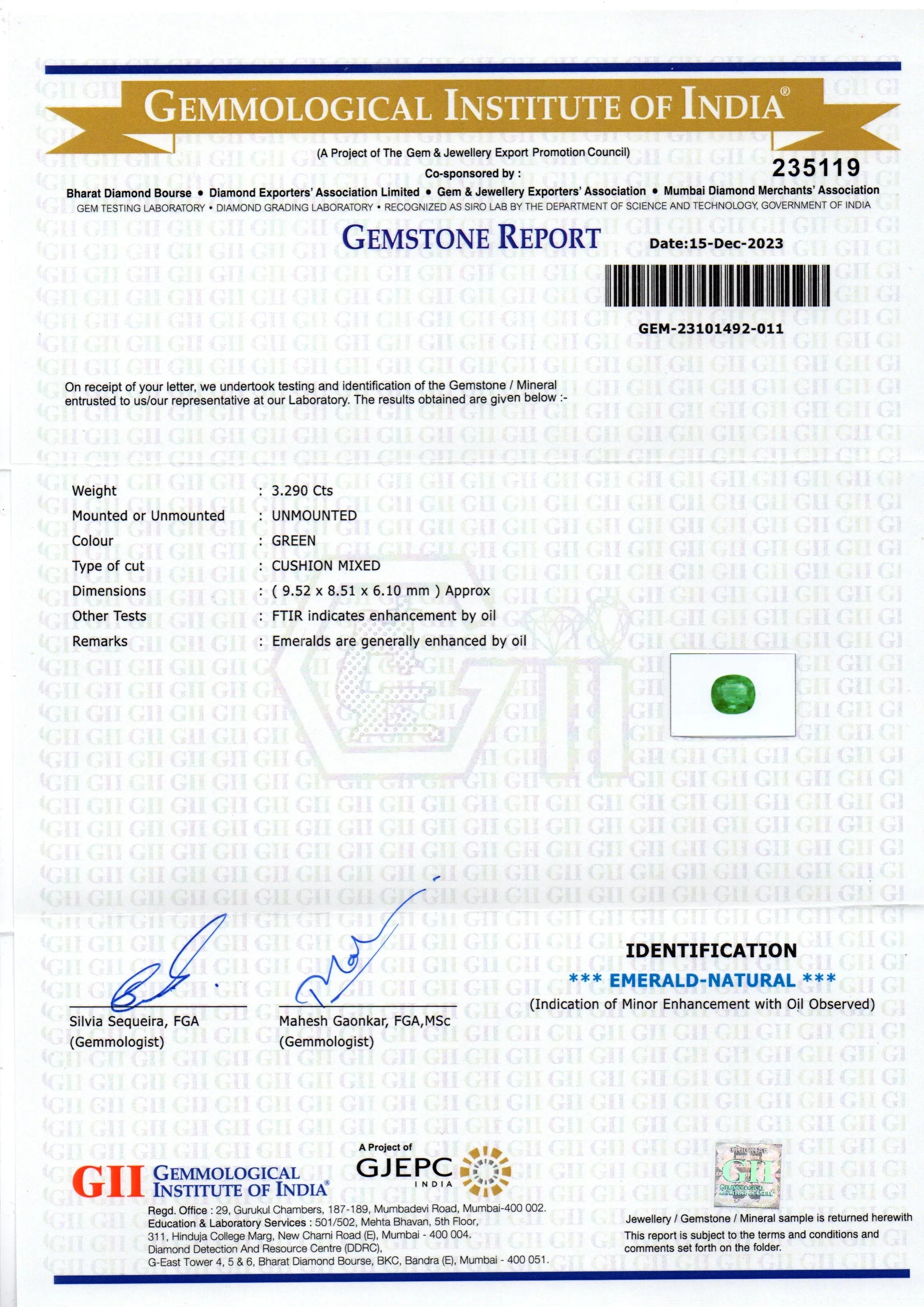 3.29 Ct GII Certified Untreated Natural Zambian Emerald Panna AAA - Venus Gems