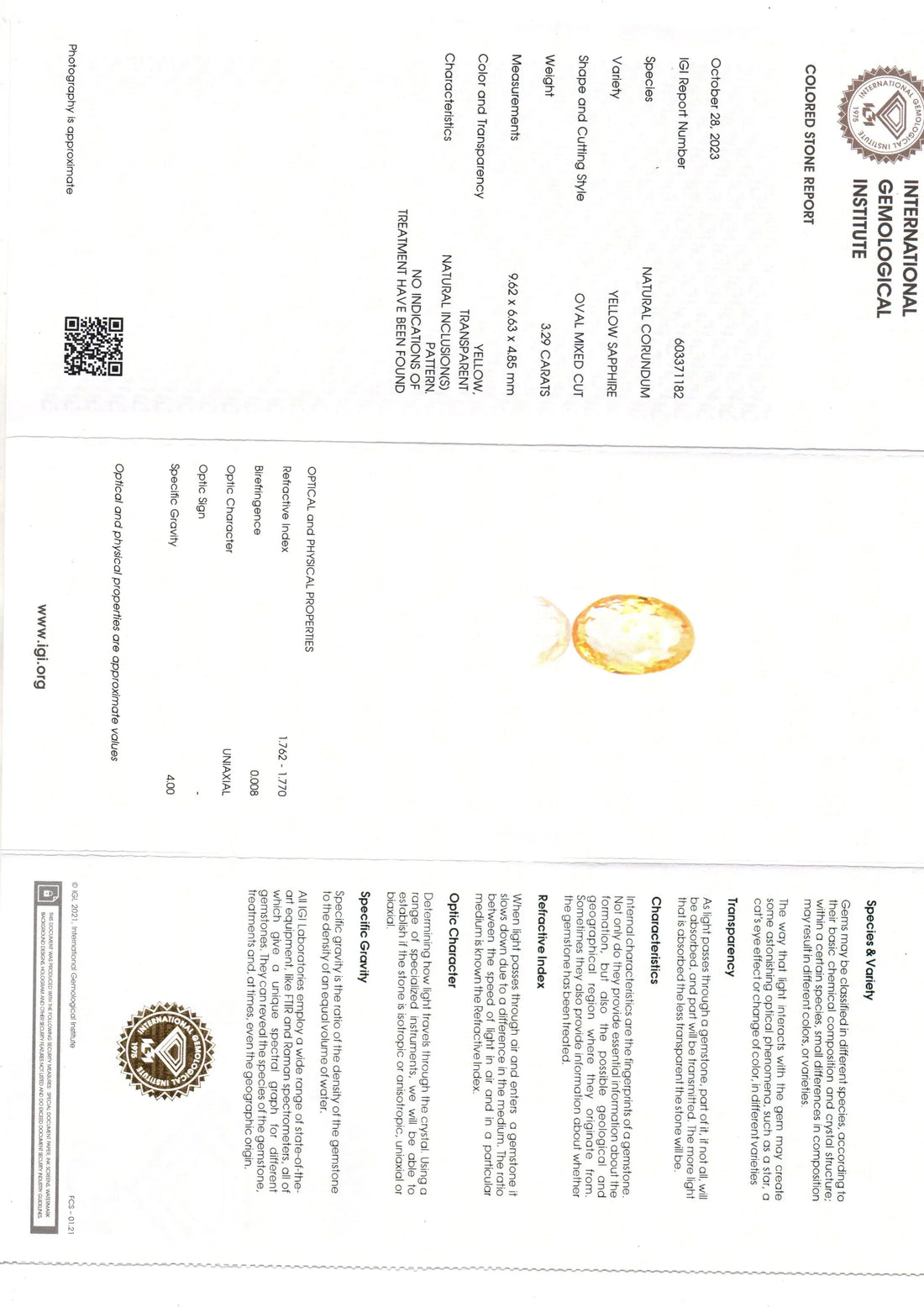 3.29 Ct IGI Certified Unheated Untreated Natural Ceylon Yellow Sapphire - Venus Gems