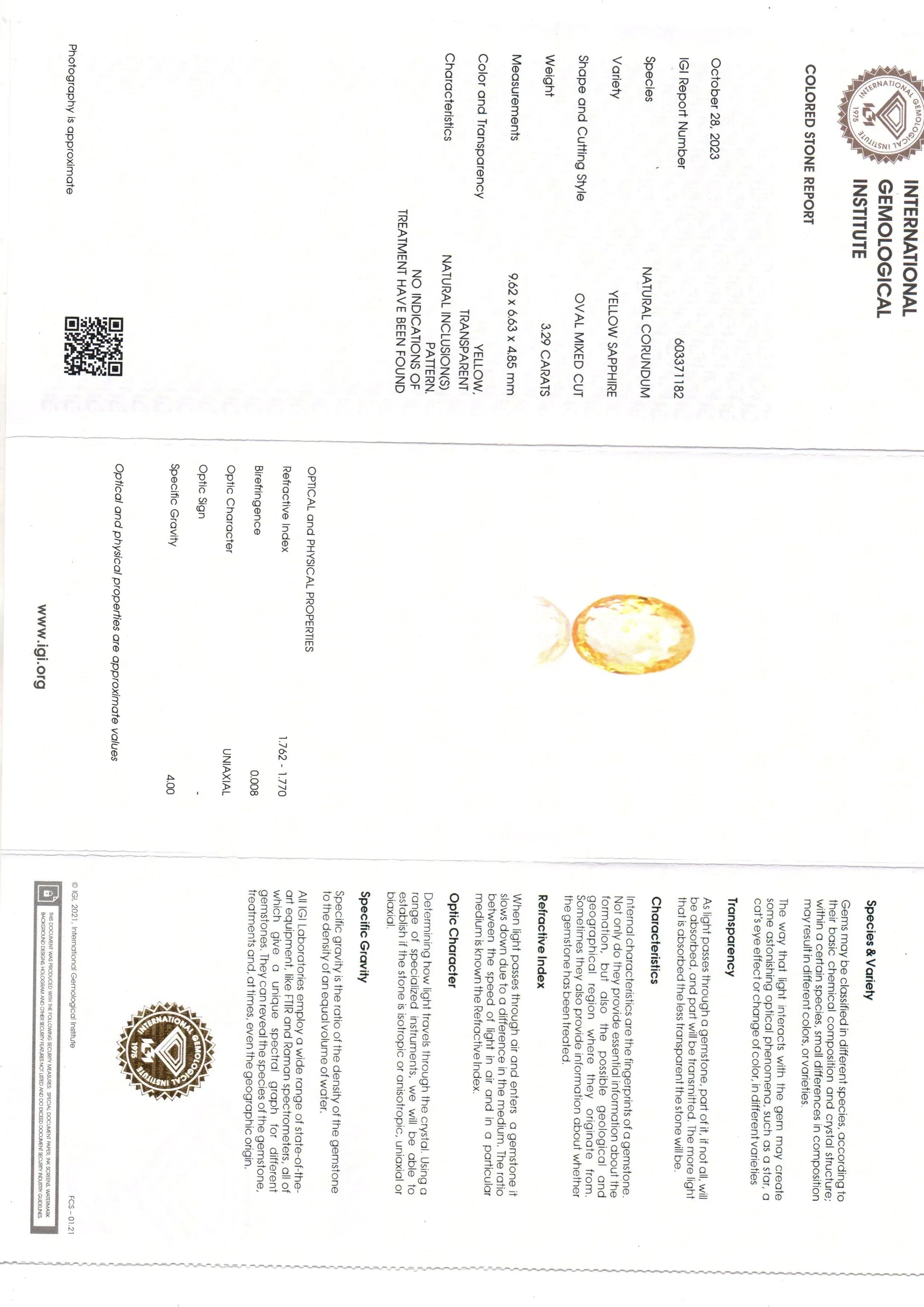 3.29 Ct IGI Certified Unheated Untreated Natural Ceylon Yellow Sapphire - Venus Gems