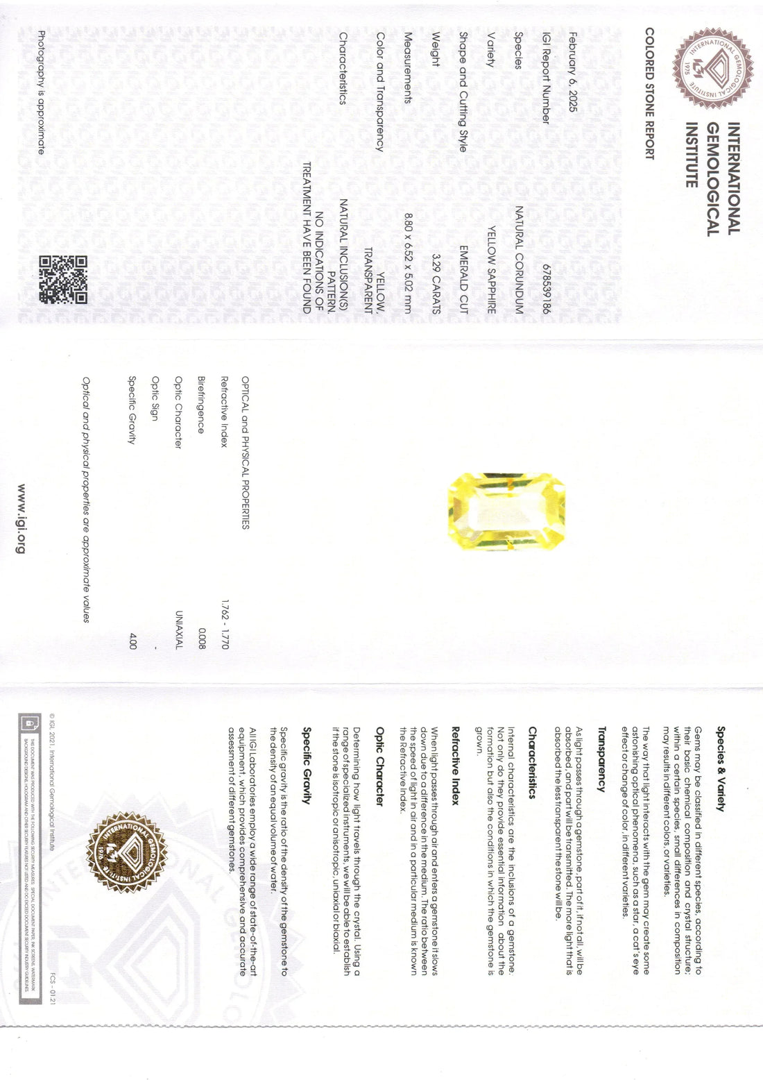 3.29 Ct IGI Certified Unheated Untreated Natural Ceylon Yellow Sapphire - Venus Gems