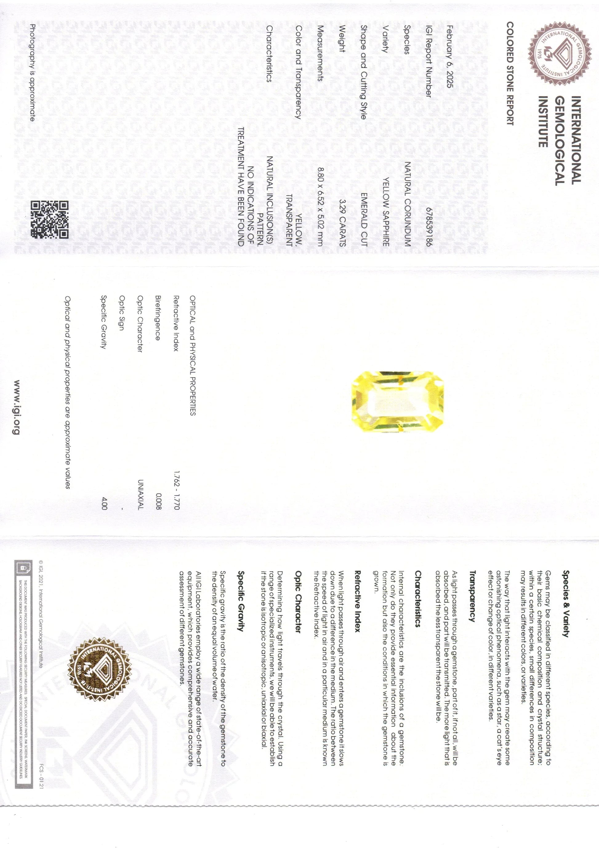 3.29 Ct IGI Certified Unheated Untreated Natural Ceylon Yellow Sapphire - Venus Gems