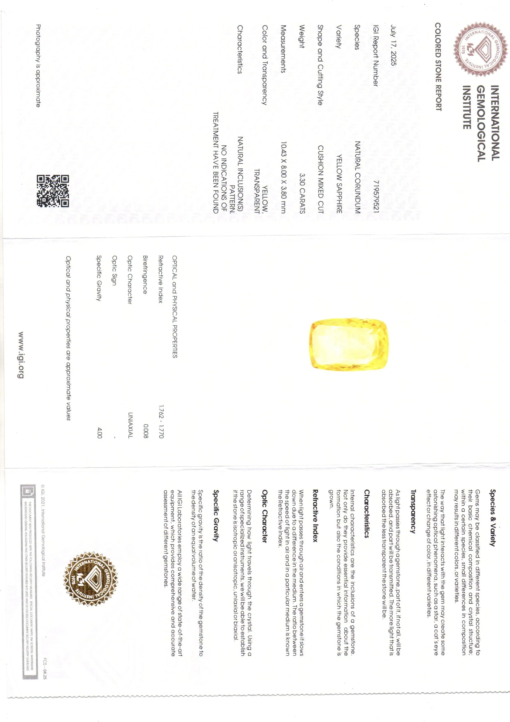3.30 Ct IGI Certified Unheated Untreated Natural Ceylon Yellow Sapphire - Venus Gems