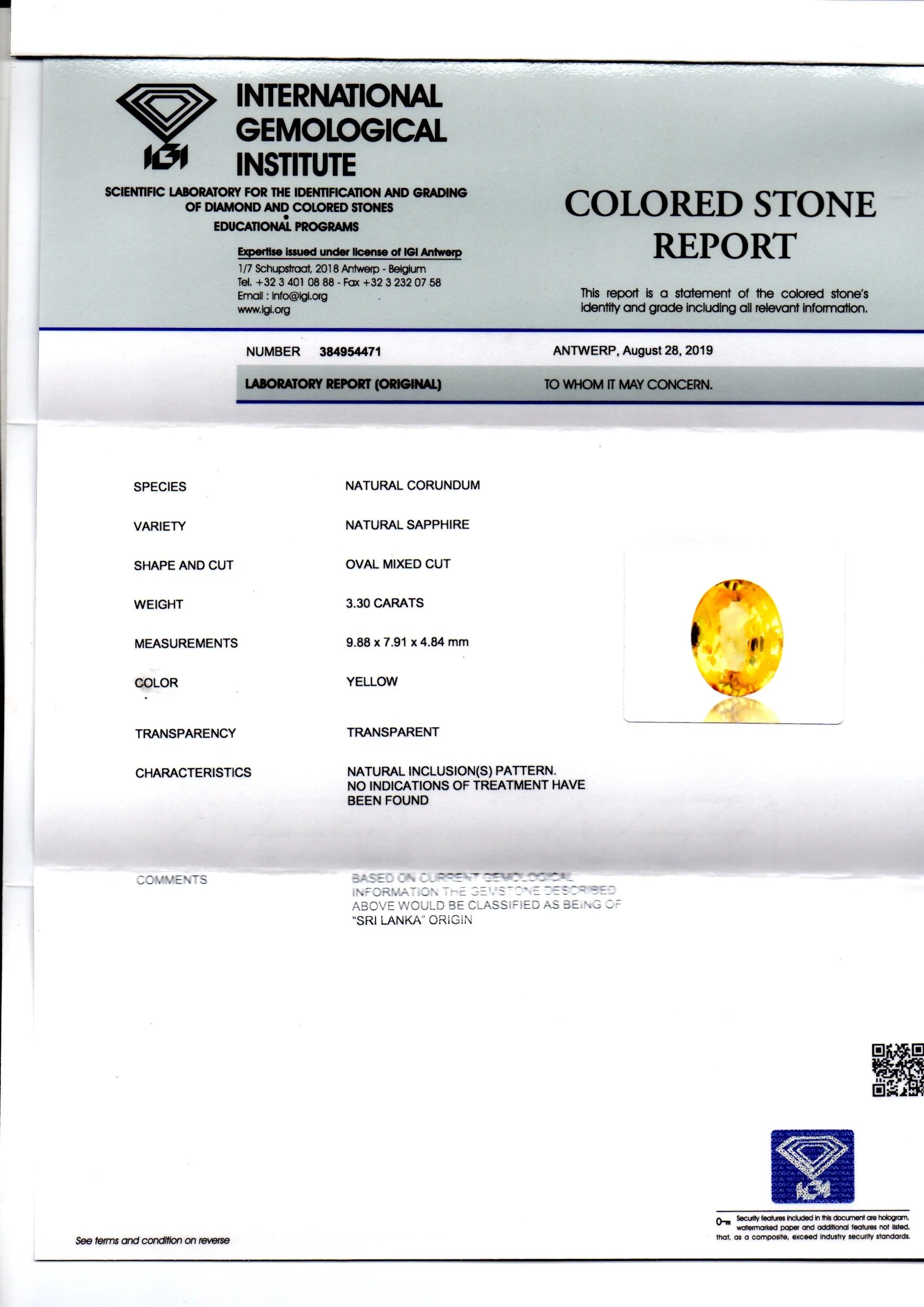 3.30 Ct IGI Certified Unheated Untreated Natural Ceylon Yellow Sapphire
