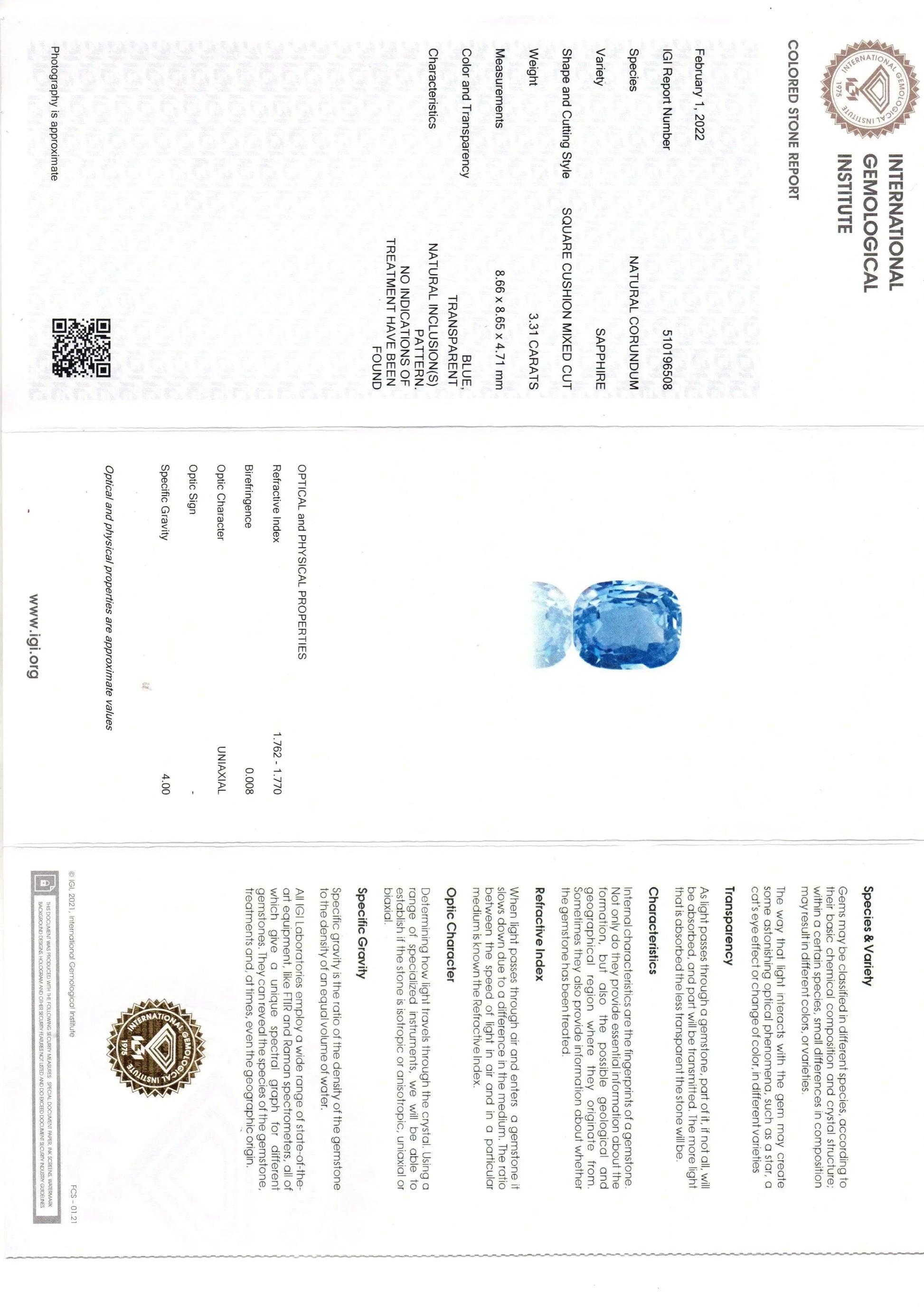 3.31 Ct IGI Certified Unheated Untreated Natural Ceylon Blue Sapphire AAA - Venus Gems