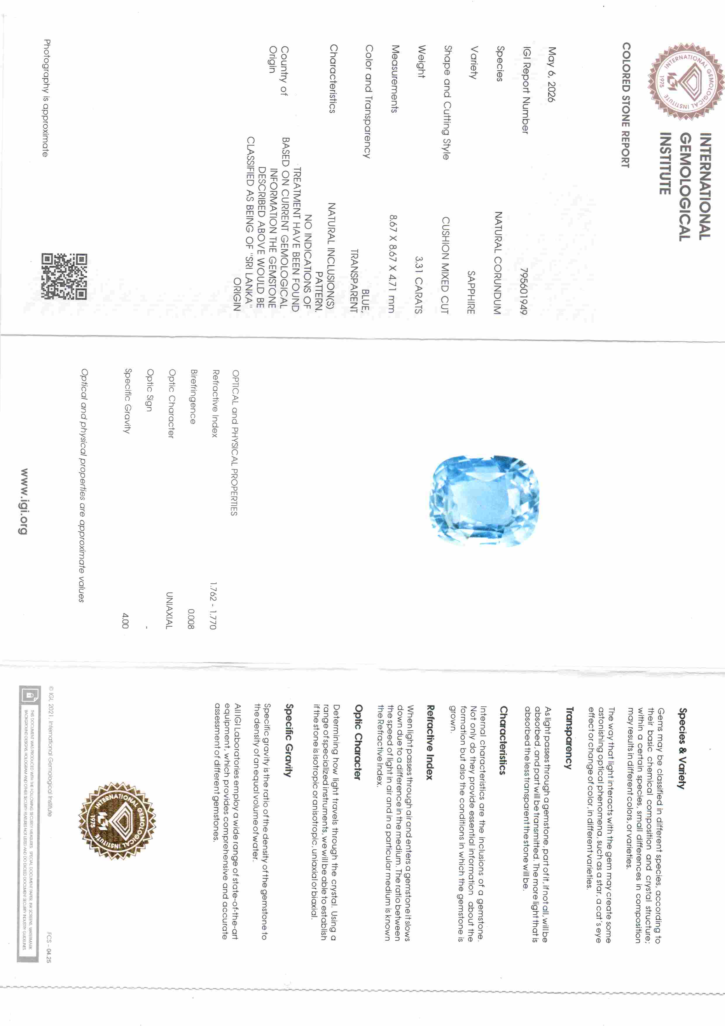 3.31 Ct 3.63 Ratti IGI Certified Unheated Untreated Natural Ceylon Blue Sapphire