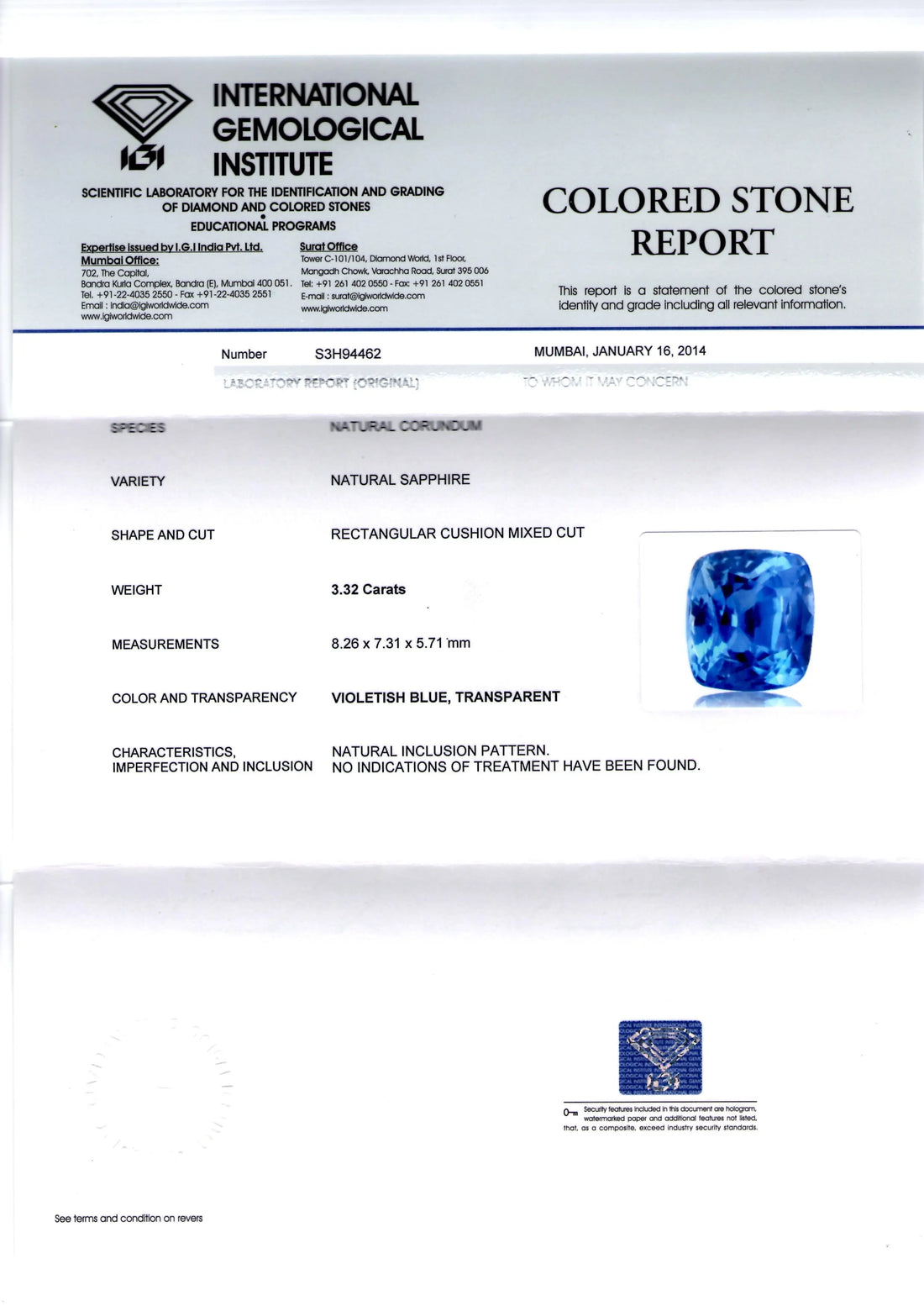 3.32 Ct IGI Certified Unheated Untreated Natural Ceylon Blue Sapphire