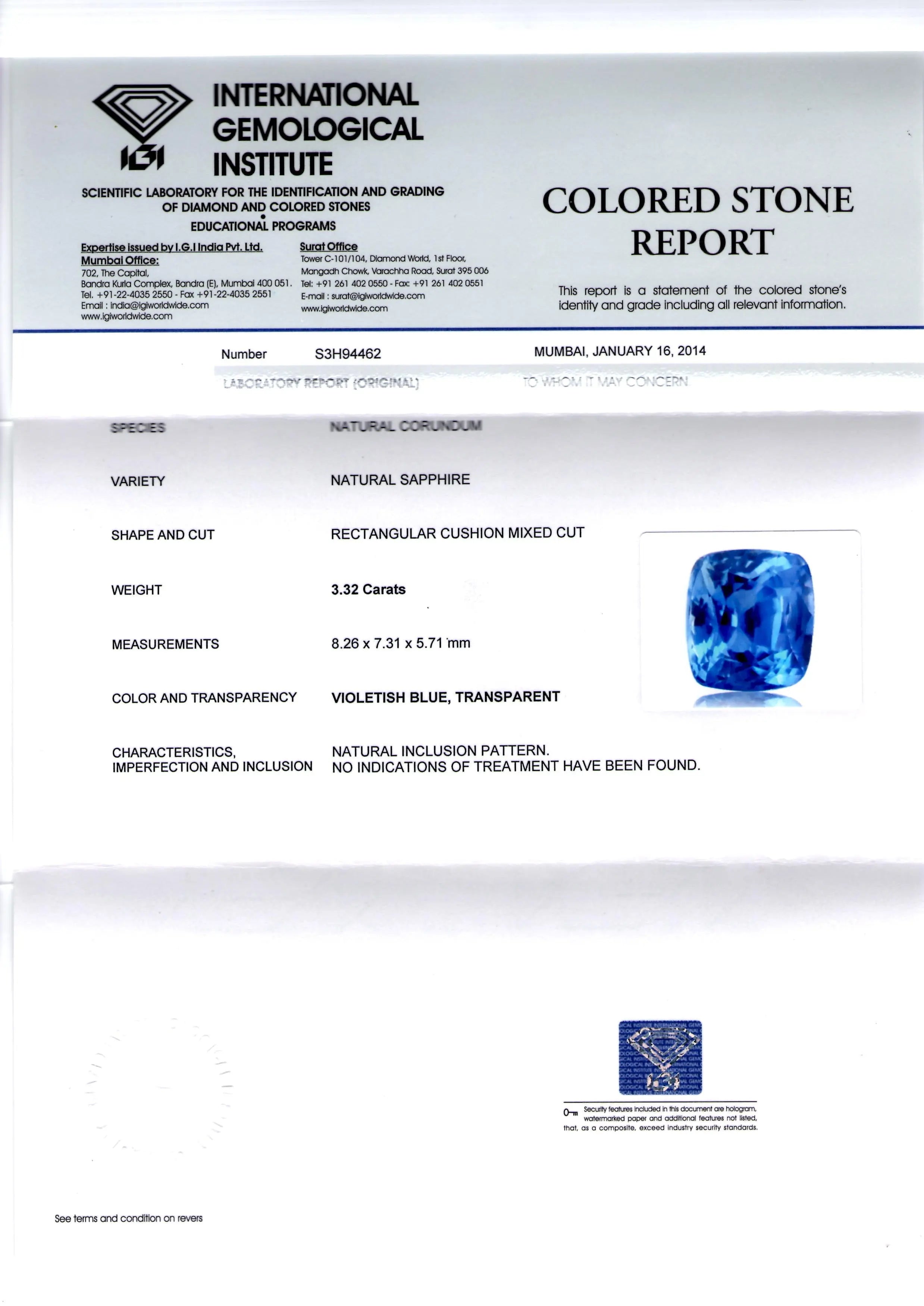 3.32 Ct IGI Certified Unheated Untreated Natural Ceylon Blue Sapphire