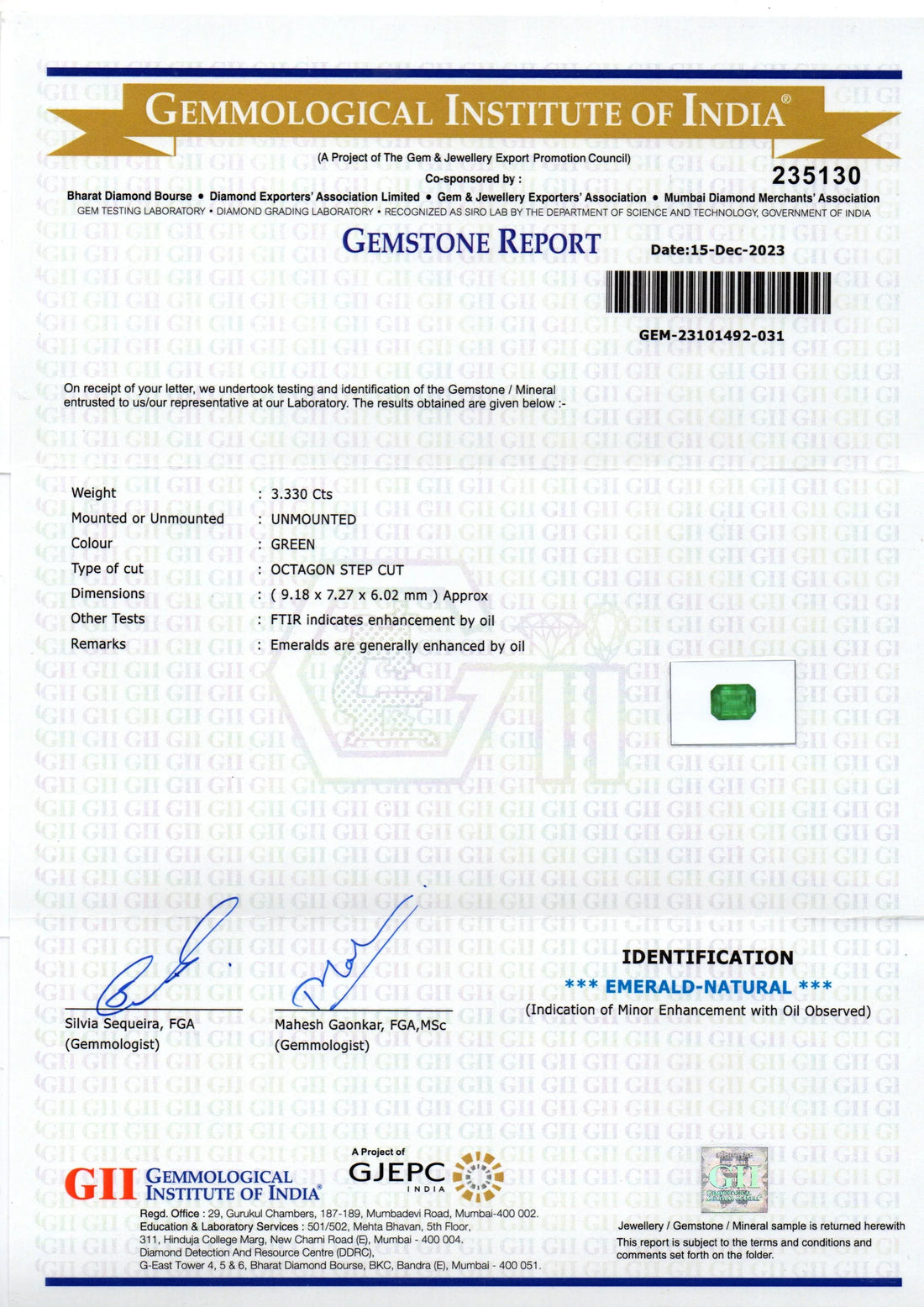 3.33 Ct GII Certified Untreated Natural Zambian Emerald Panna AAA - Venus Gems