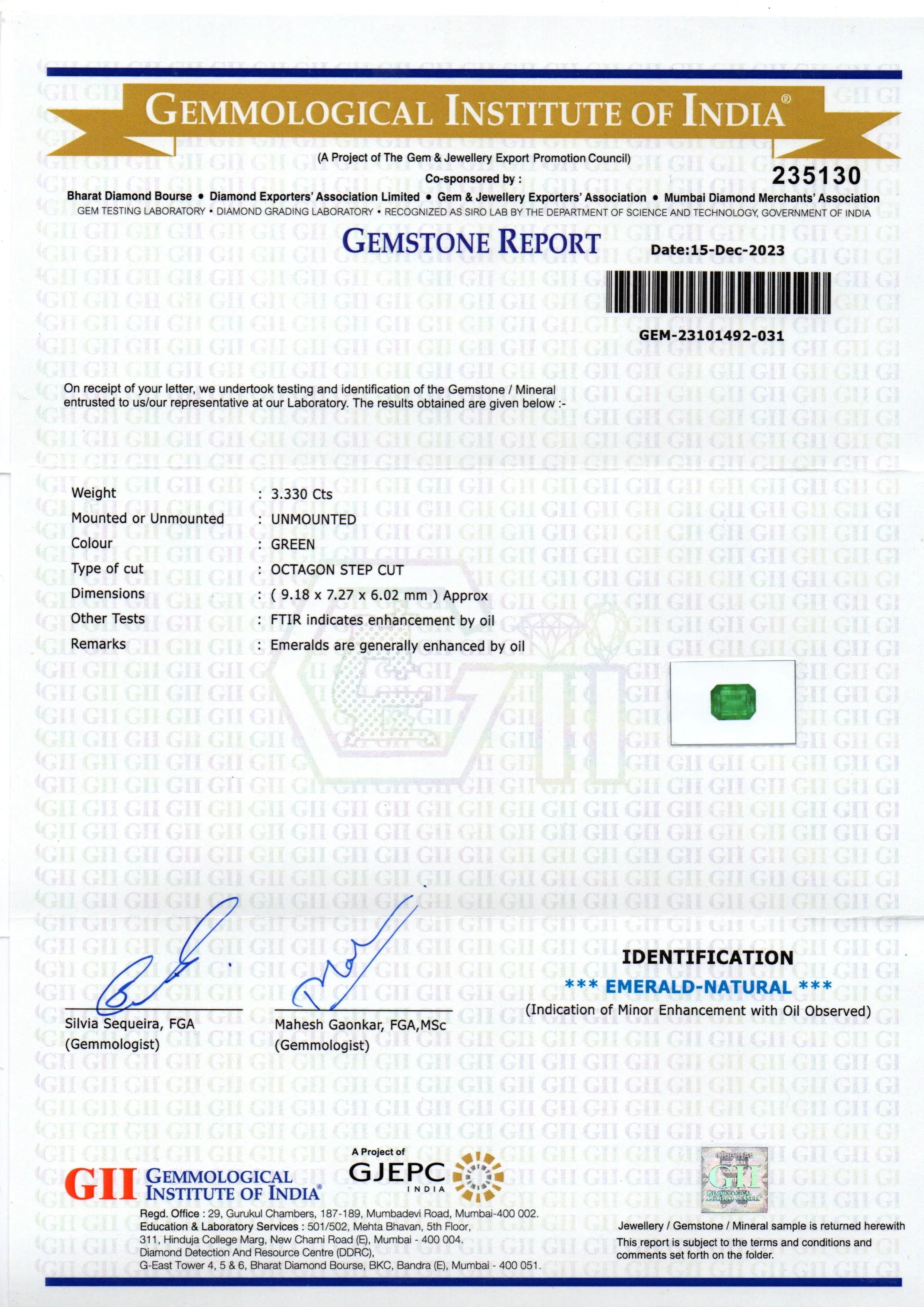 3.33 Ct GII Certified Untreated Natural Zambian Emerald Panna AAA - Venus Gems
