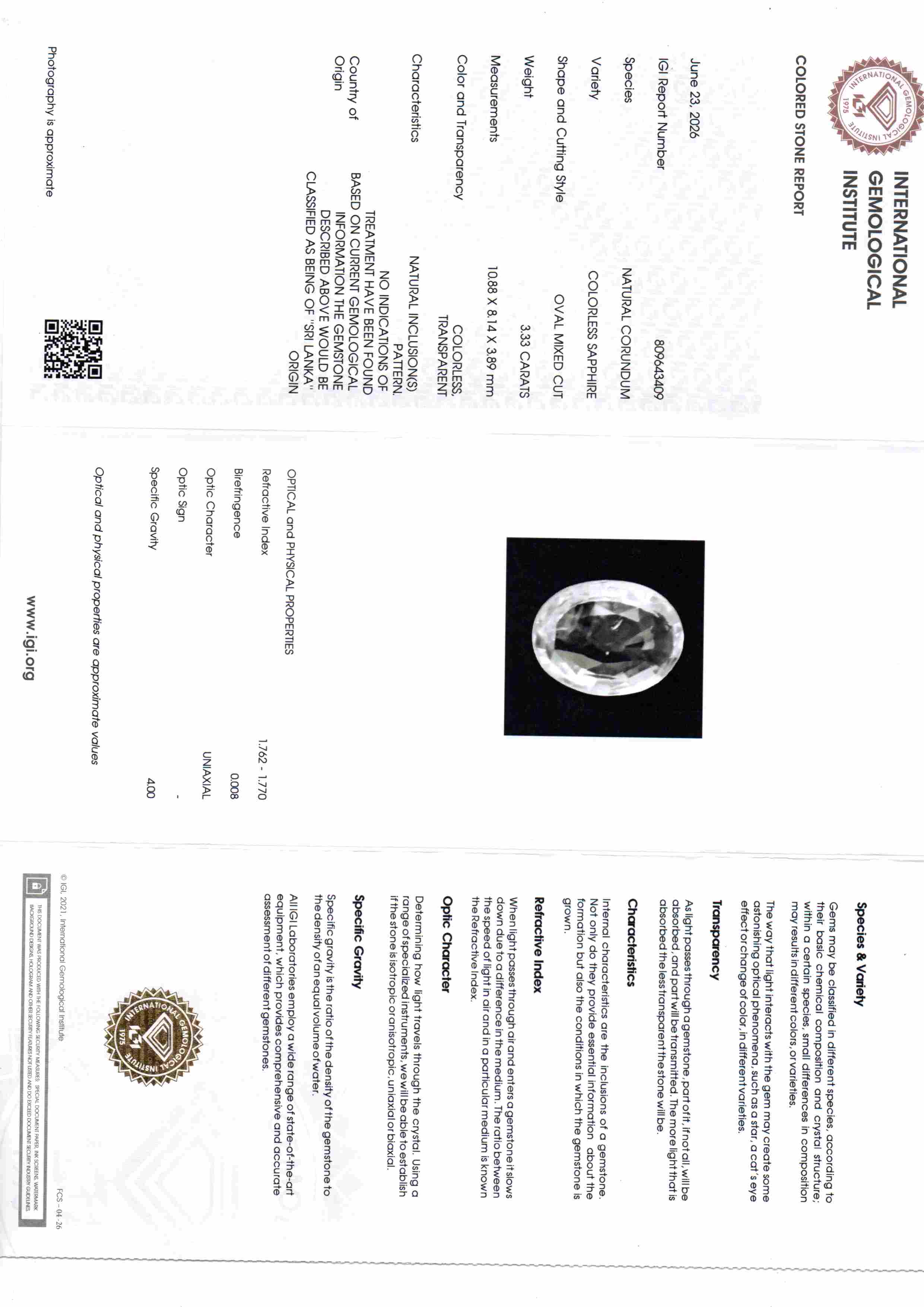 3.33 Ct IGI Certified Unheated Untreated Natural Ceylon White Sapphire