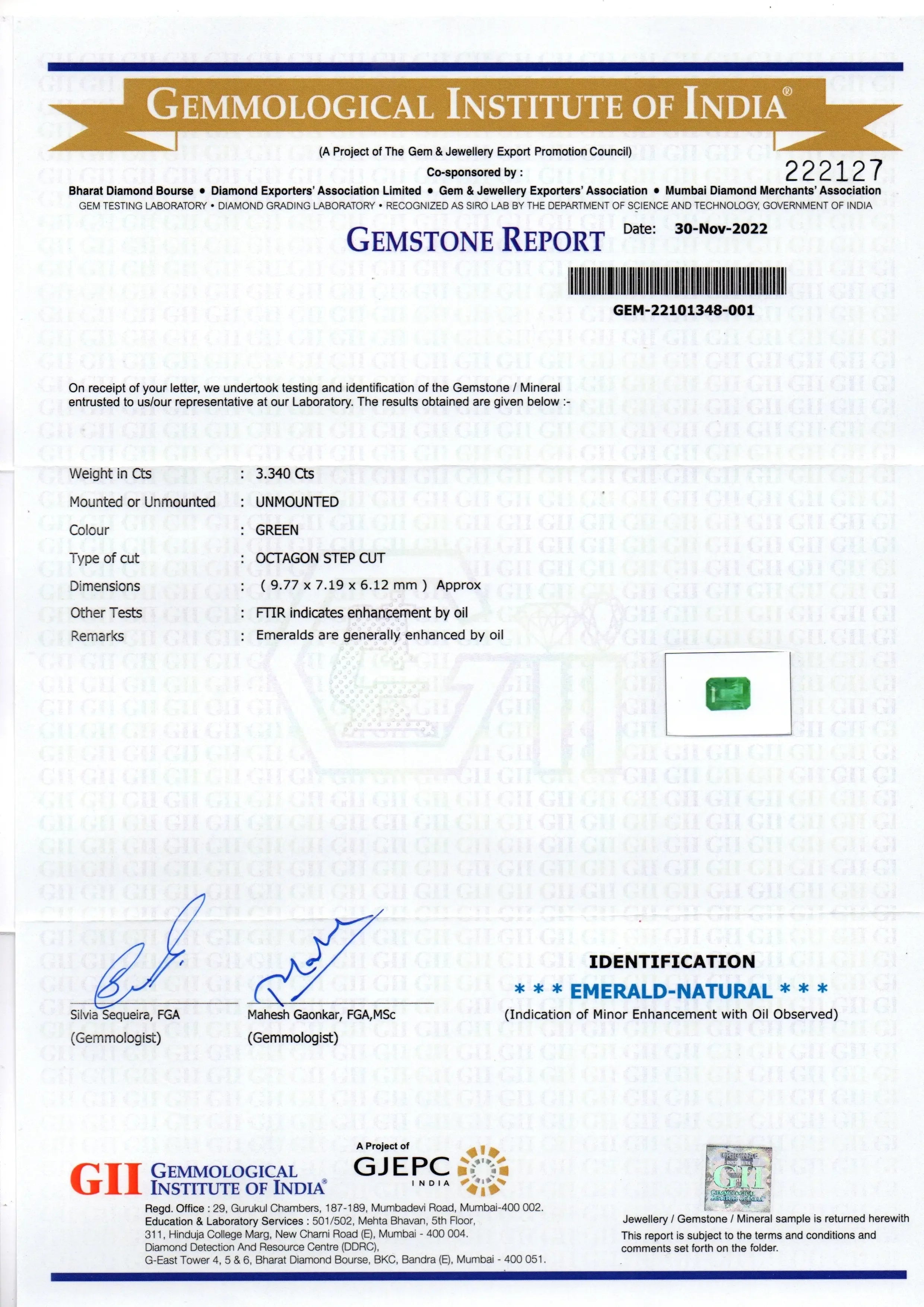 3.34 Ct GII Certified Untreated Natural Zambian Emerald Gemstone AAA - Venus Gems