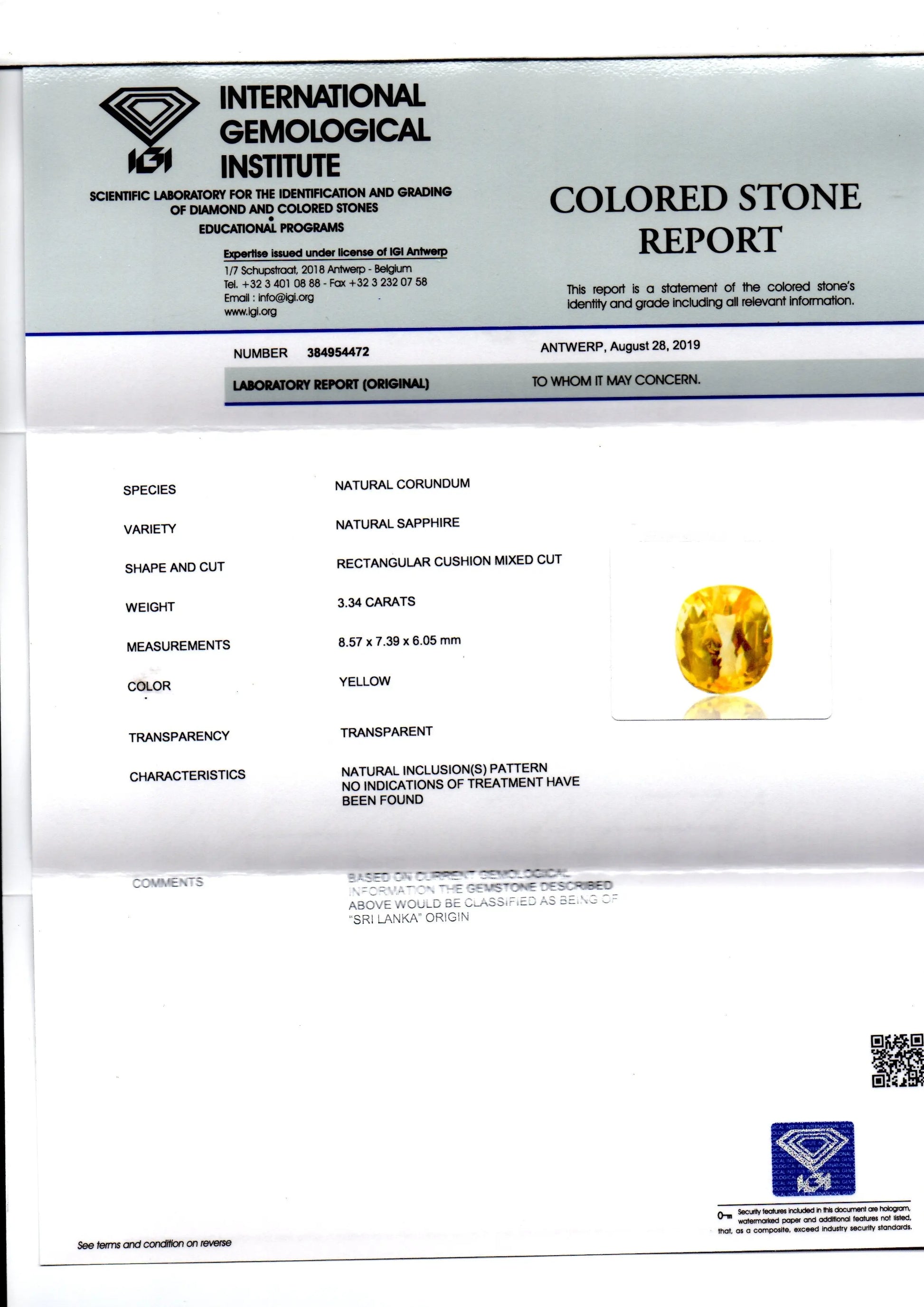 3.34 Ct IGI Certified Unheated Untreated Natural Ceylon Yellow Sapphire