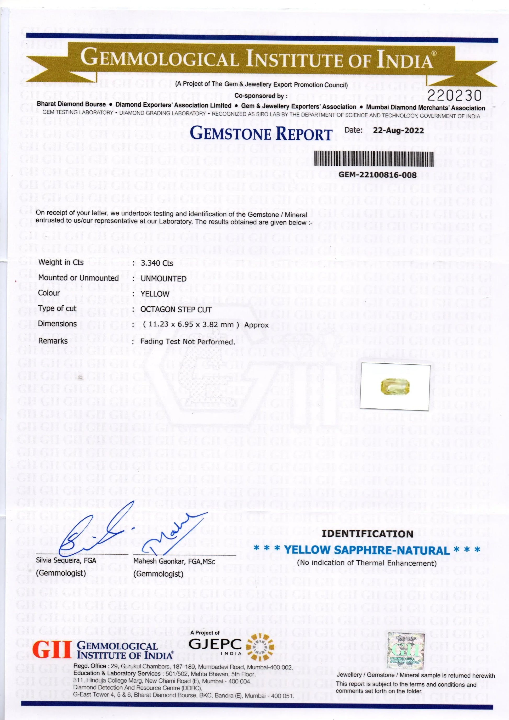 3.34 Ct GII Certified Unheated Untreated Natural Ceylon Yellow Sapphire - Venus Gems