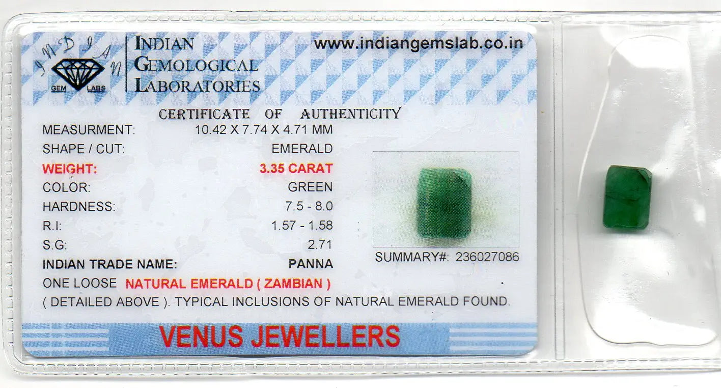 3.35 Ct Certified Untreated Natural Zambian Emerald Panna Gemstone