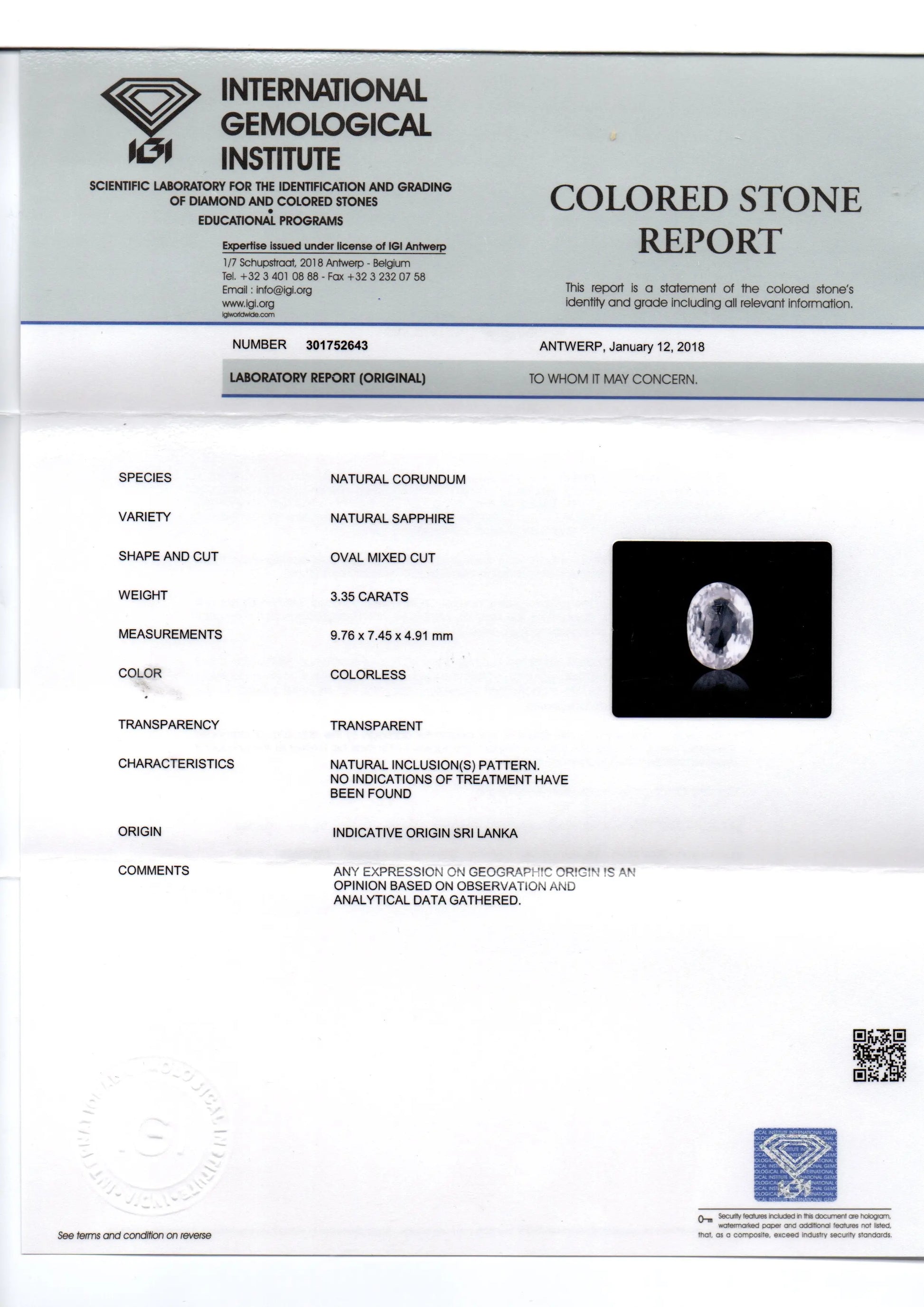 3.35 Ct Unheated Untreated IGI Certified Natural Ceylon White Sapphire