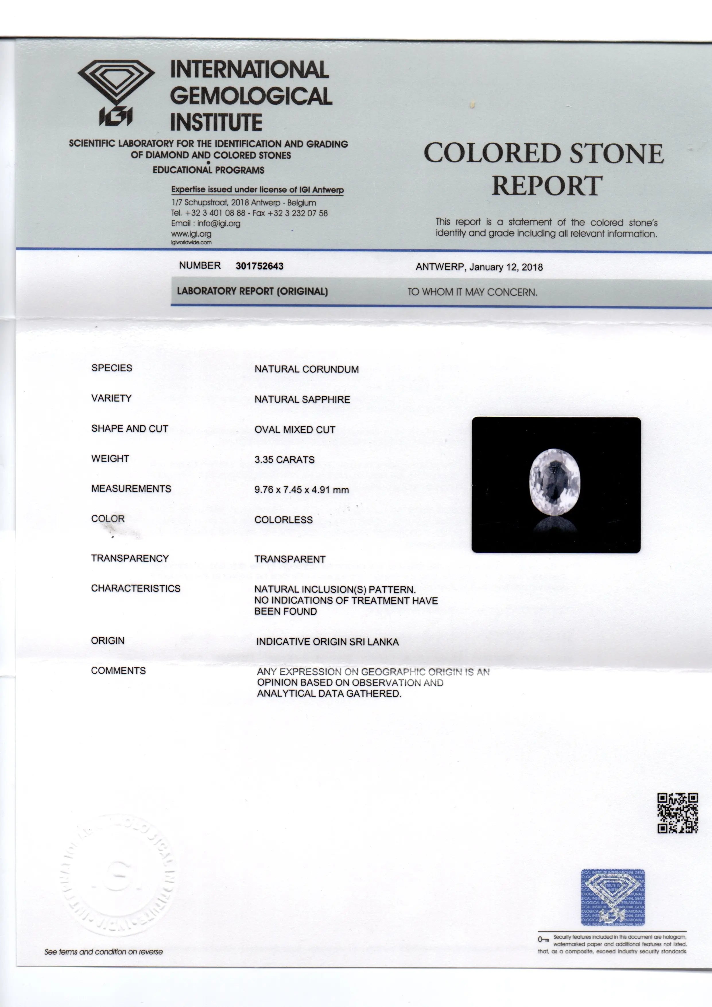 3.35 Ct Unheated Untreated IGI Certified Natural Ceylon White Sapphire