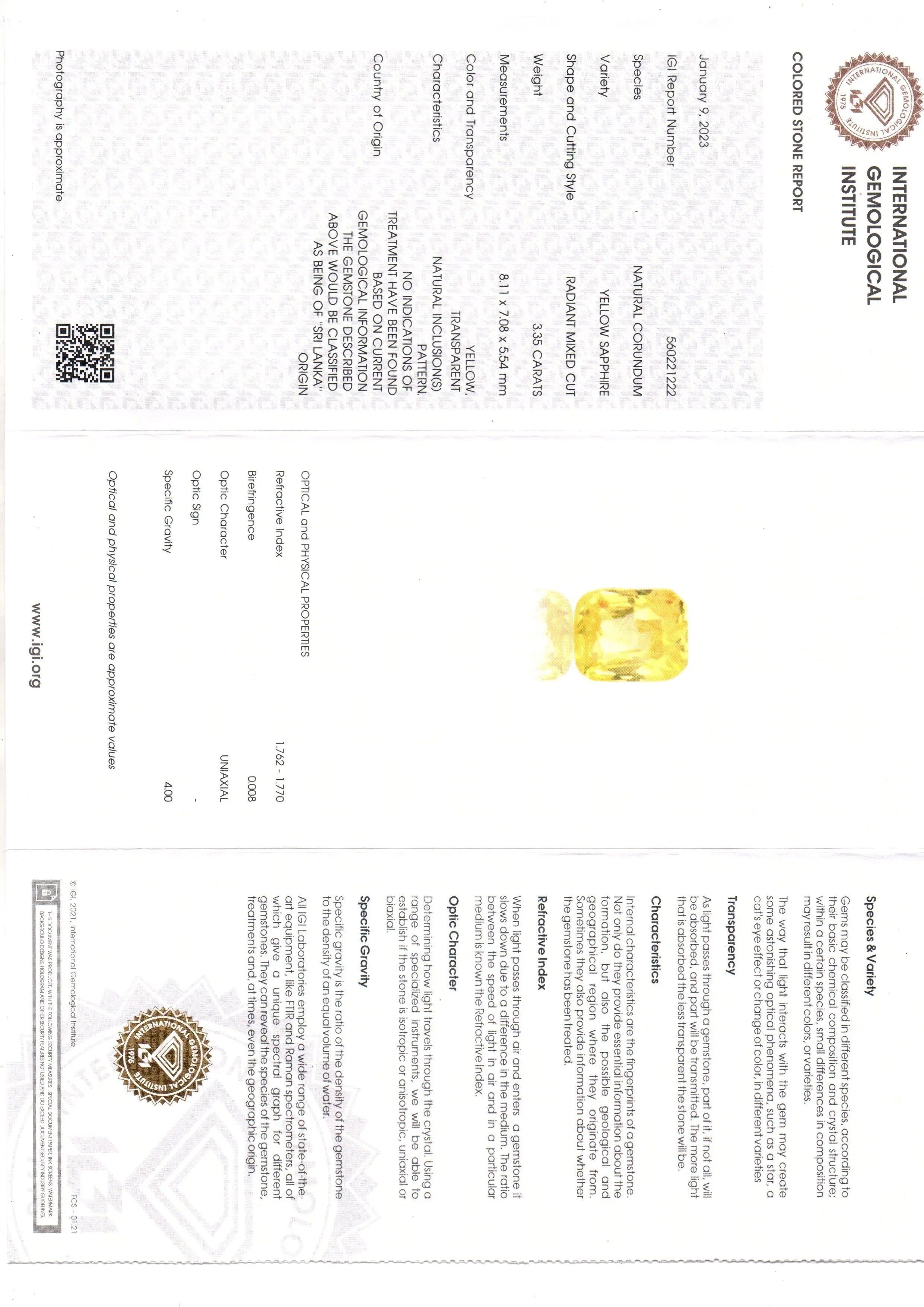 3.35 Ct IGI Certified Unheated Untreated Natural Ceylon Yellow Sapphire AAA