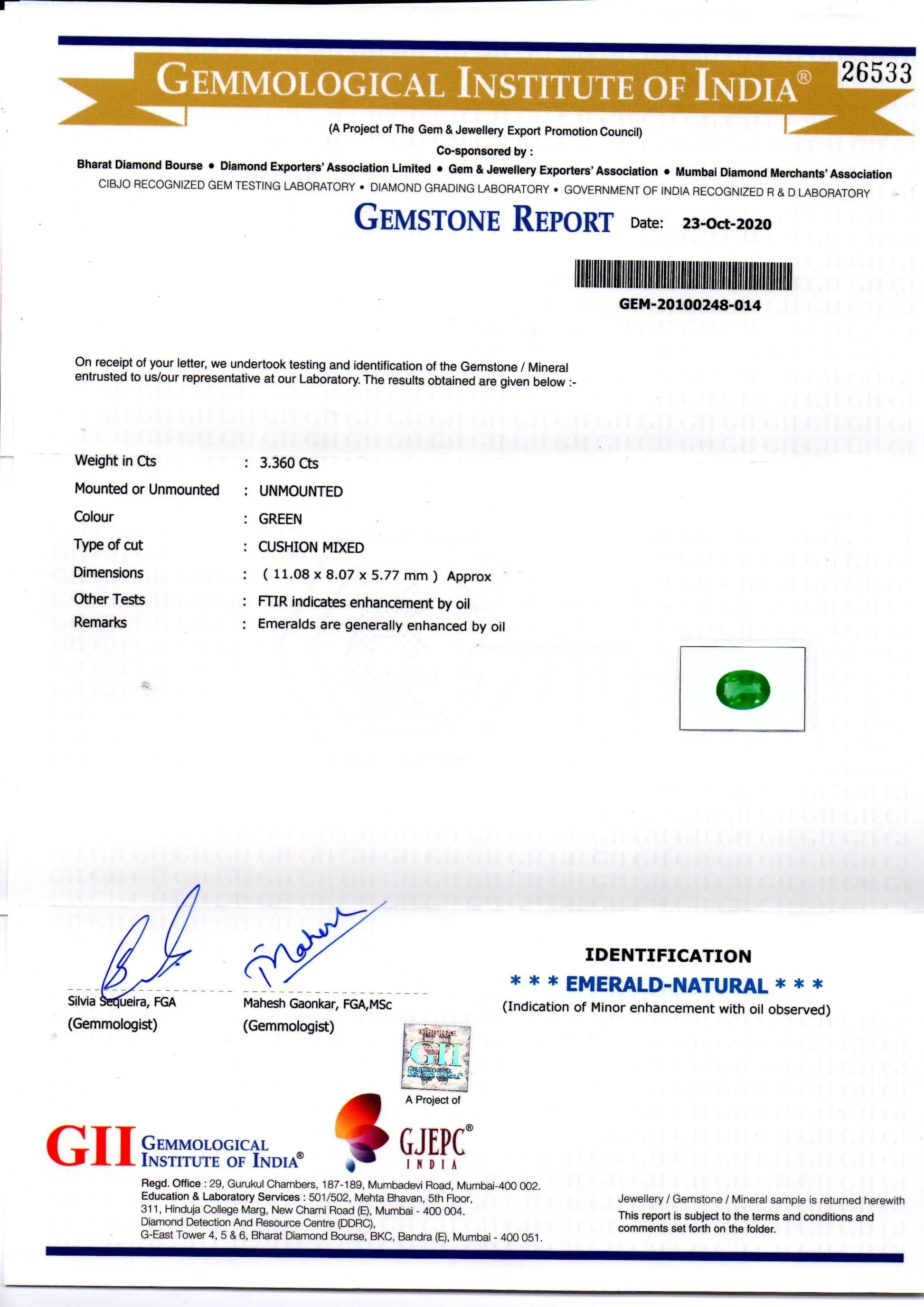 3.36 Ct GII Certified Untreated Natural Zambian Emerald Gems AAAAA