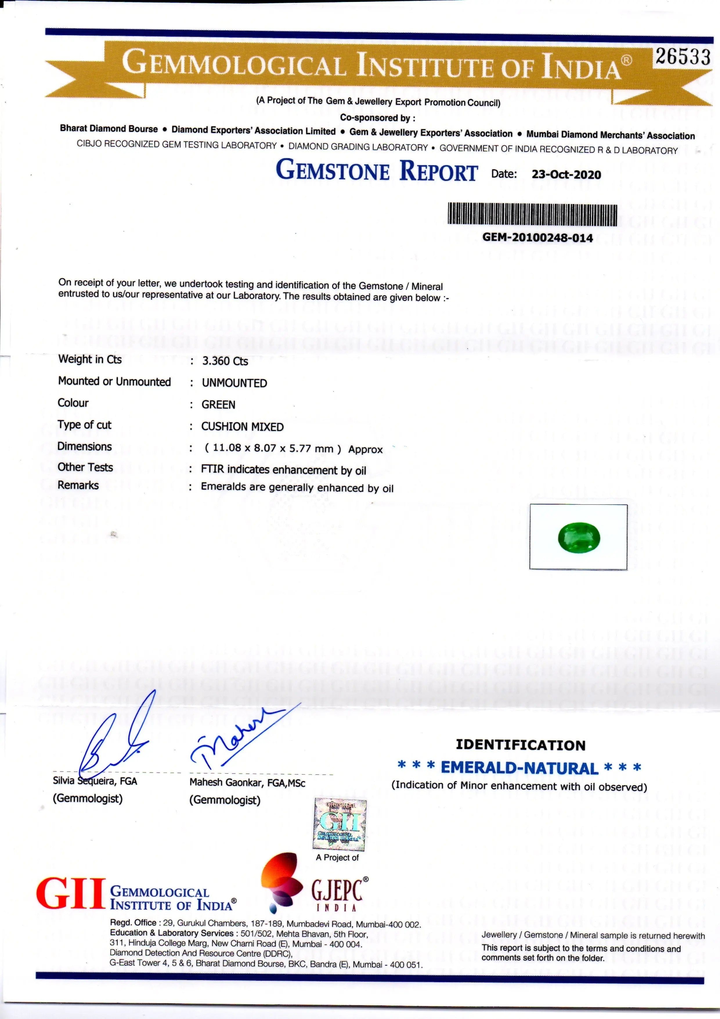 3.36 Ct GII Certified Untreated Natural Zambian Emerald Gems AAAAA