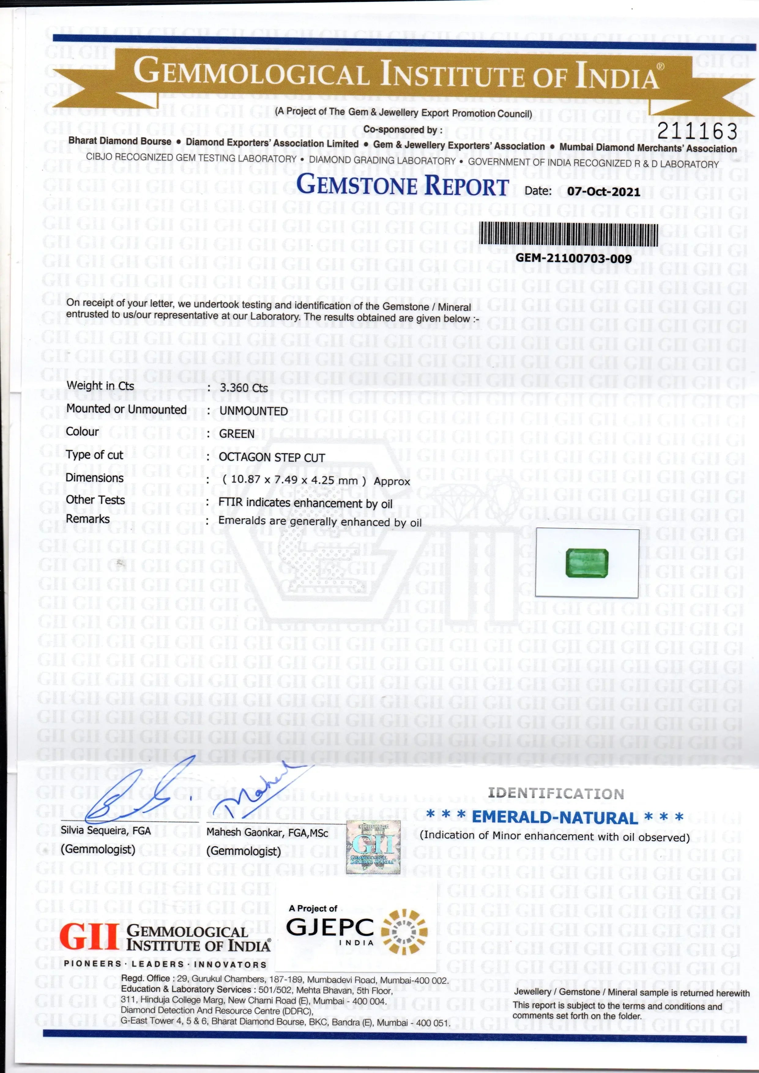 3.36 Ct GII Certified Untreated Natural Zambian Emerald Gemstones - Venus Gems