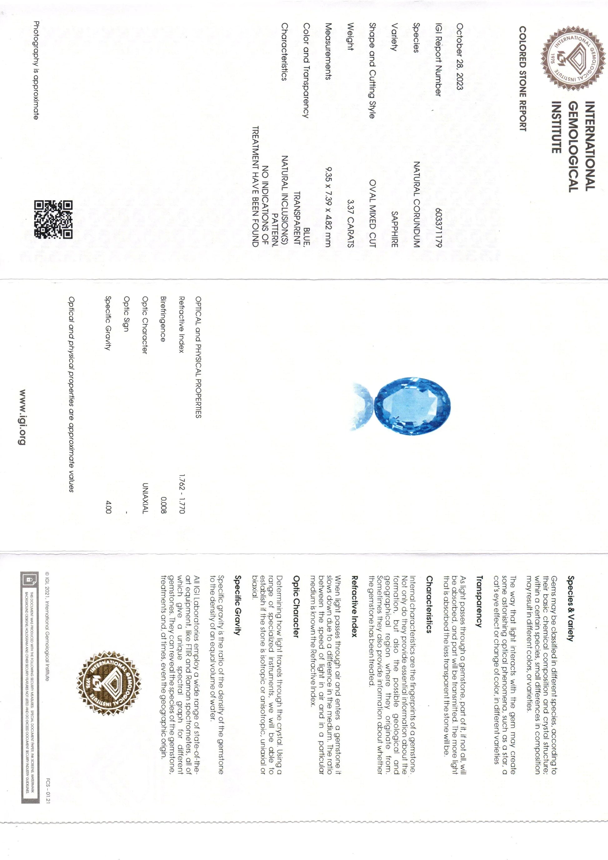 3.37 Ct IGI Certified Unheated Untreated Natural Ceylon Blue Sapphire AAA - Venus Gems