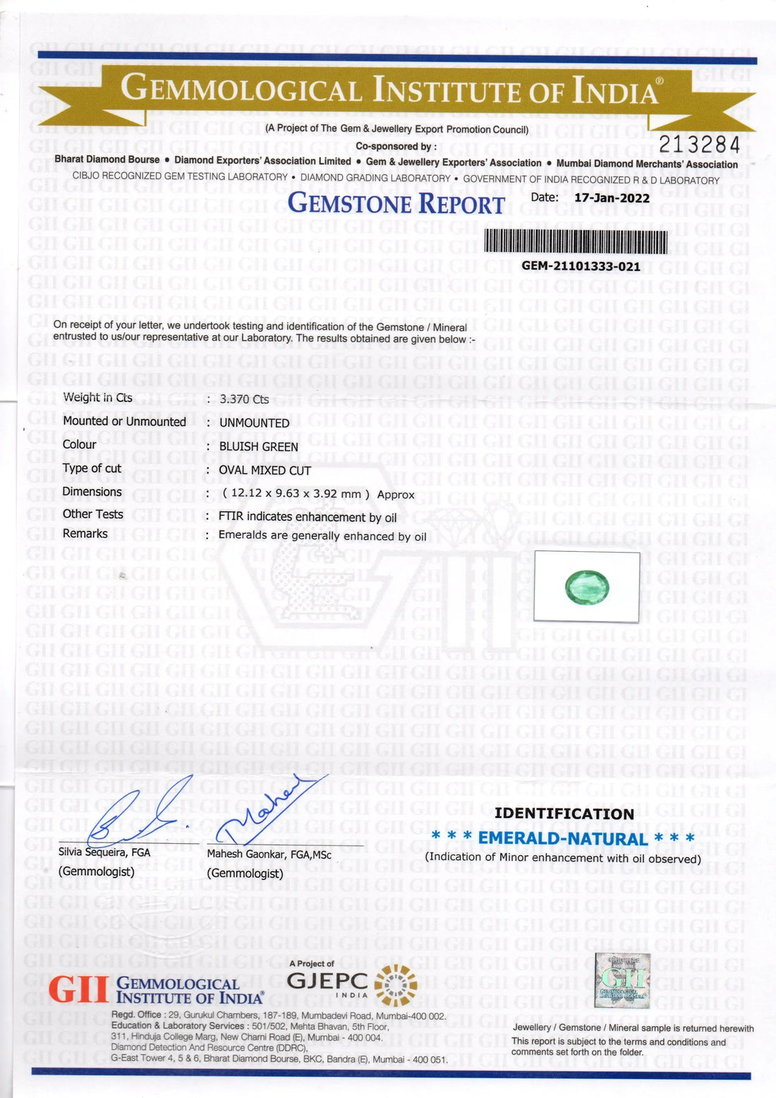 3.37 Ct GII Certified Untreated Natural Zambian Emerald Gemstone - Venus Gems
