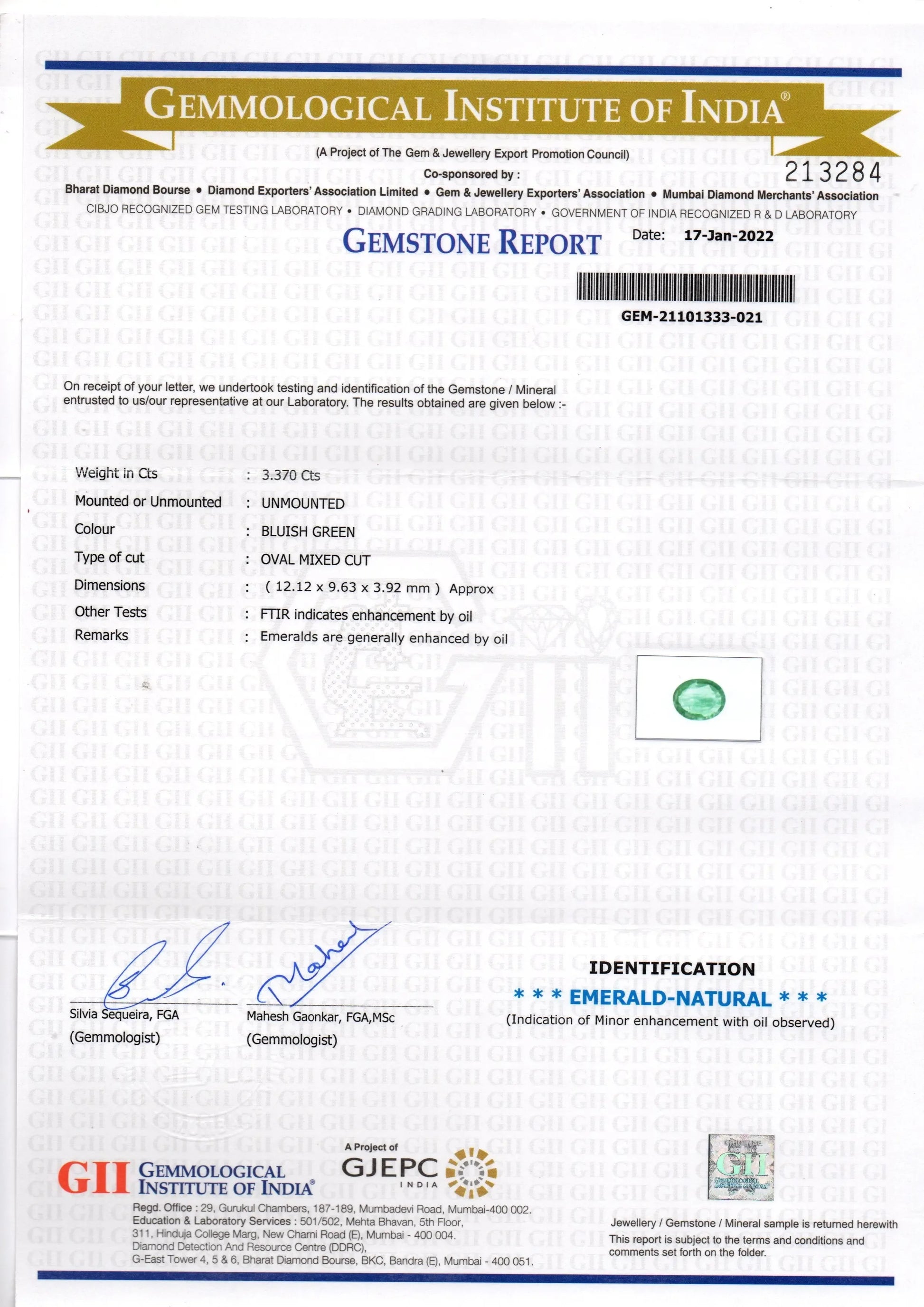3.37 Ct GII Certified Untreated Natural Zambian Emerald Gemstone - Venus Gems