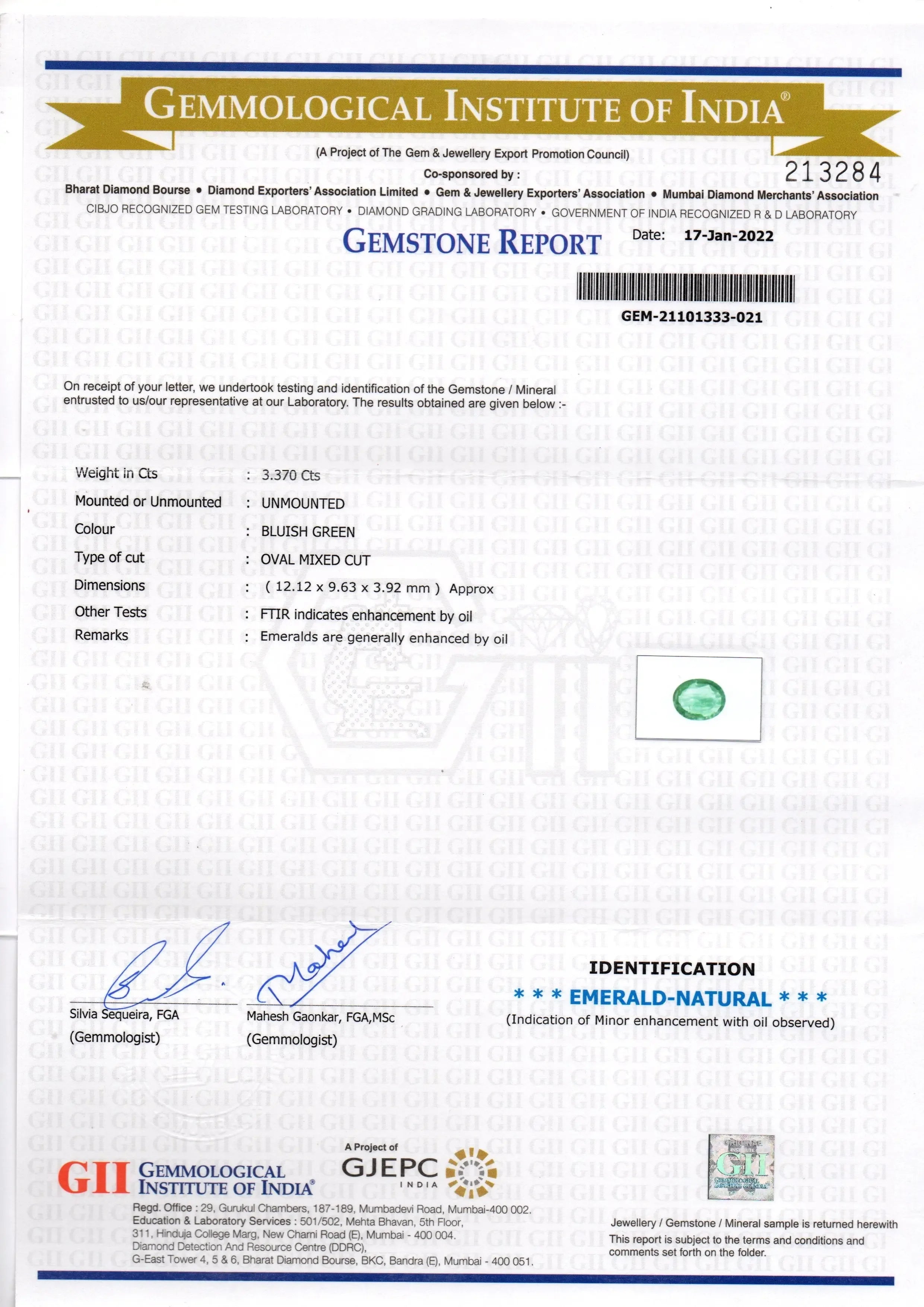 3.37 Ct GII Certified Untreated Natural Zambian Emerald Gemstone - Venus Gems