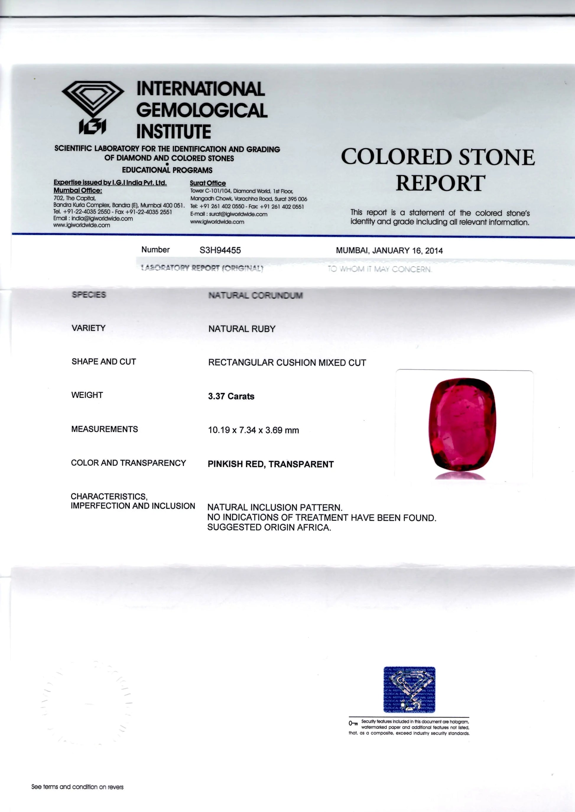 3.37 Ct IGI Certified Unheated Untreated Natural Madagaskar Ruby AAA