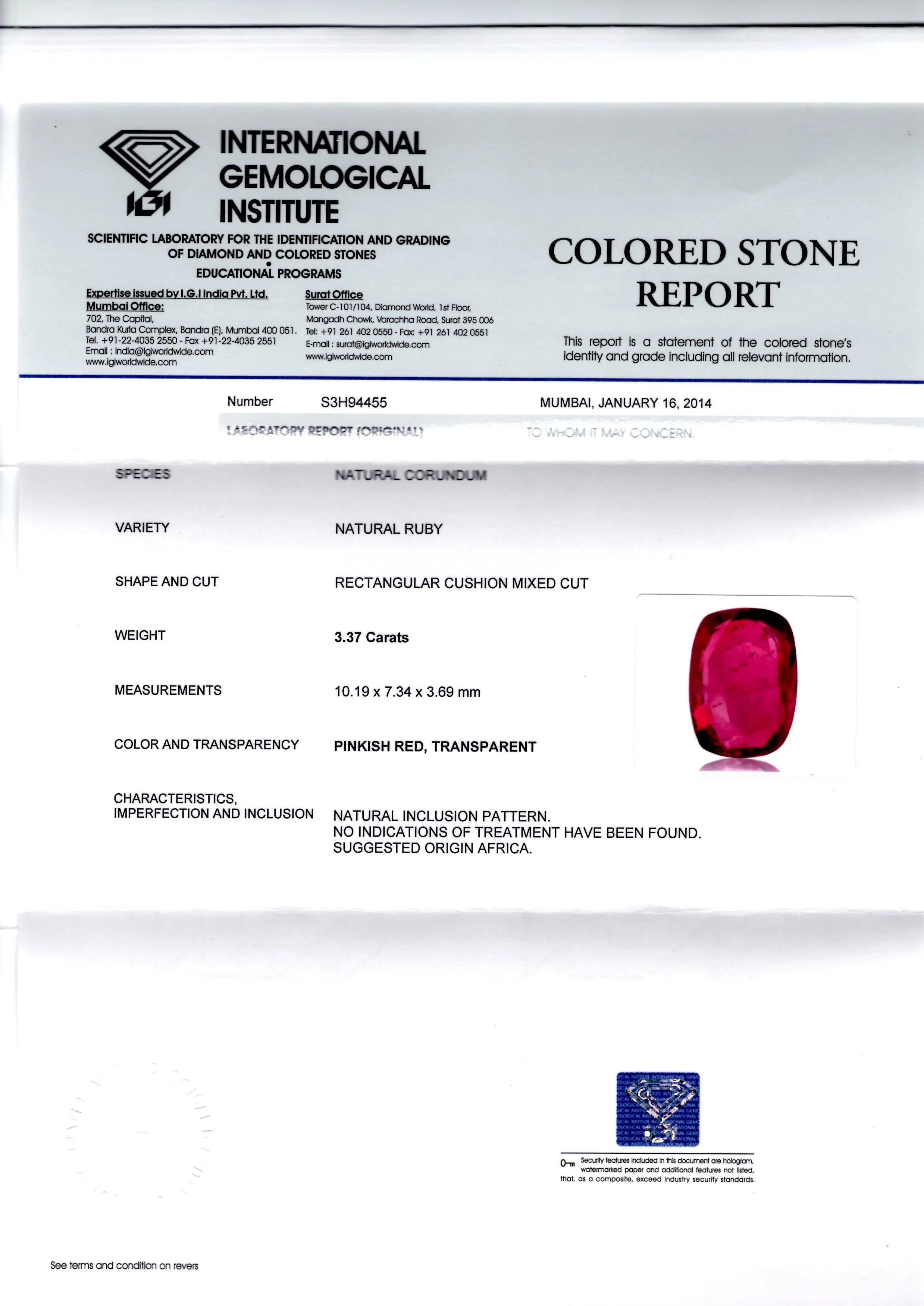 3.37 Ct IGI Certified Unheated Untreated Natural Madagaskar Ruby AAA