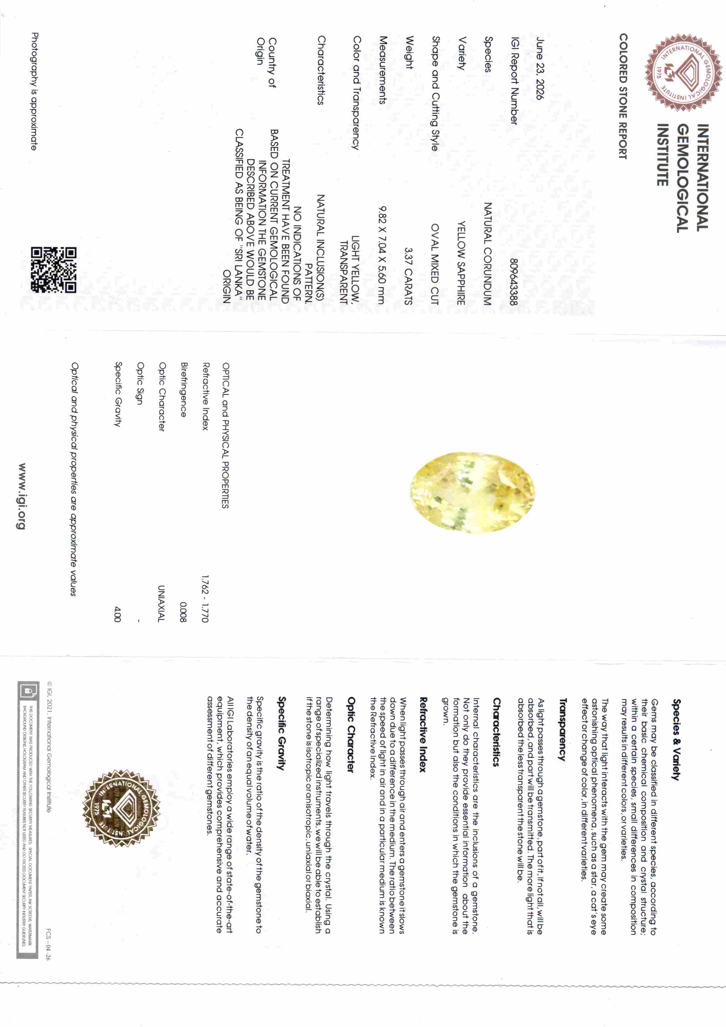 3.37 Ct IGI Certified Unheated Natural Ceylon Yellow Sapphire Pukhraj – 3.70 Ratti