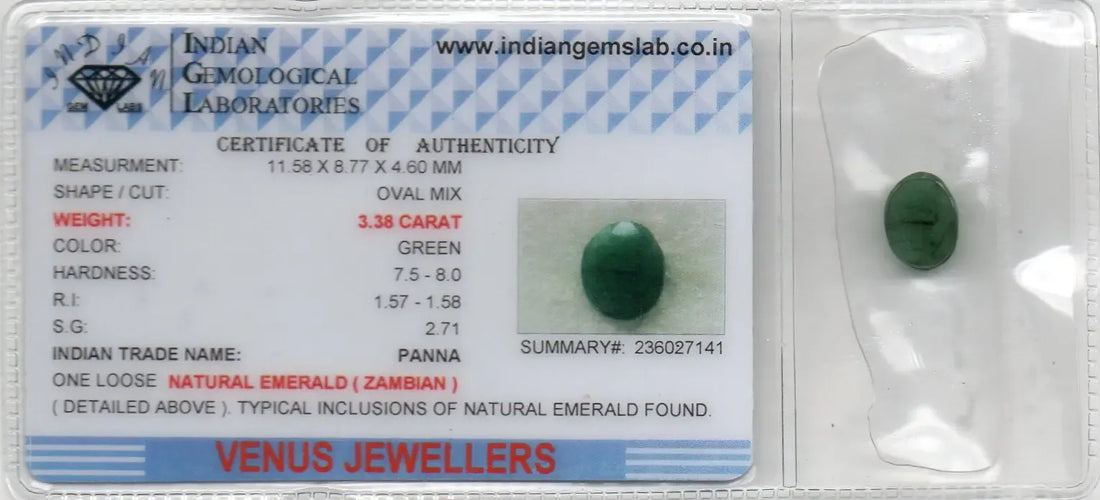 3.38 Ct Certified Untreated Natural Zambian Emerald Panna Gemstone - Venus Gems