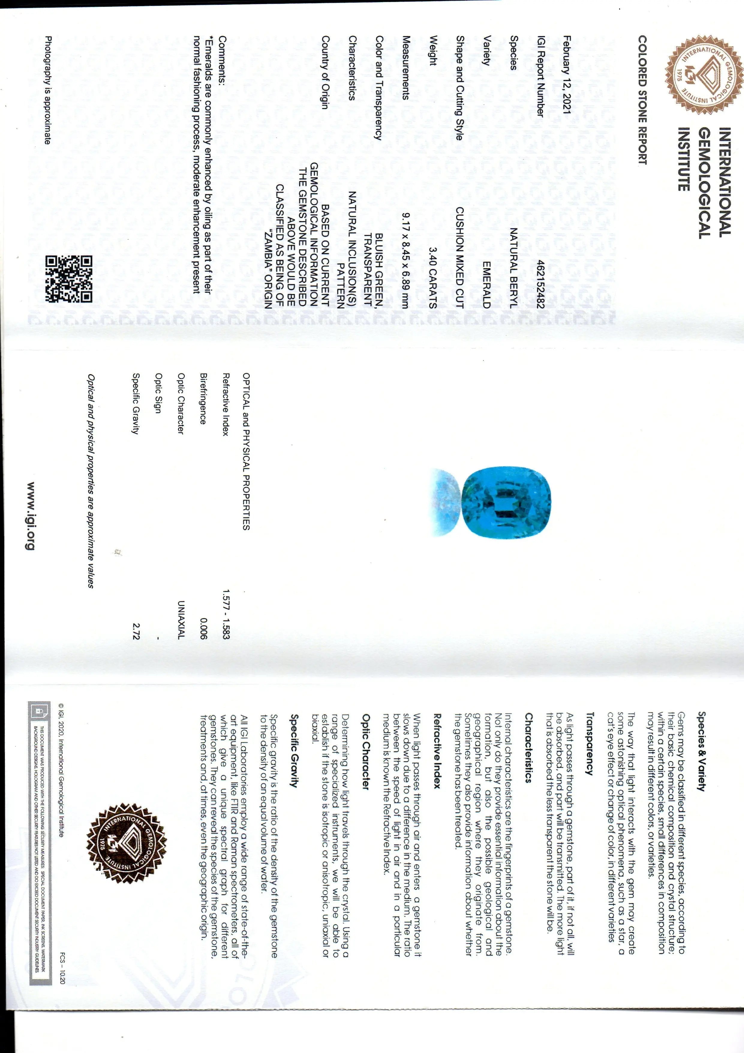 3.40 Ct IGI Certified Untreated Natural Zambian Emerald Gems AAAAA