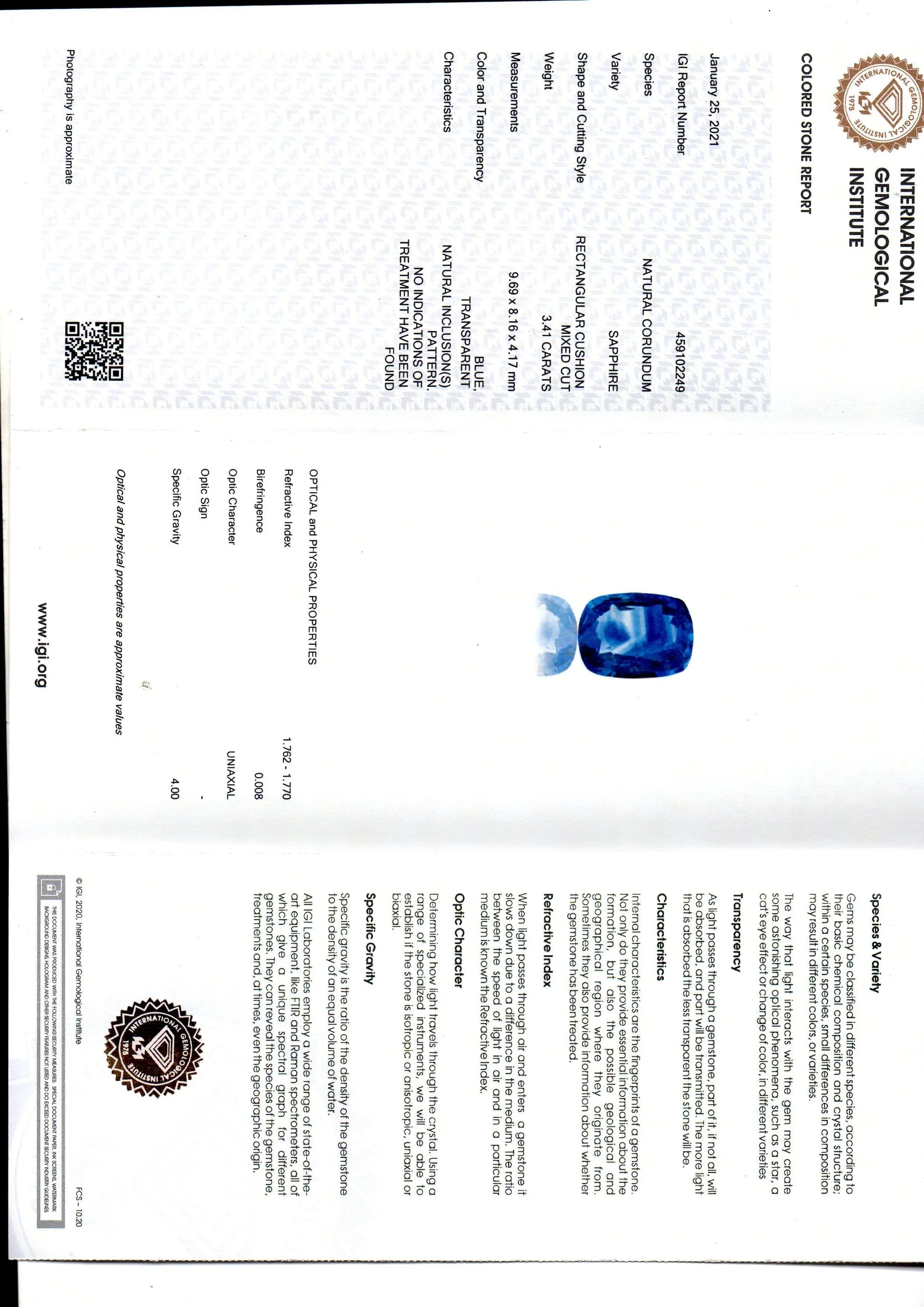 3.41 Ct IGI Certified Unheated Untreated Natural Ceylon Blue Sapphire AA