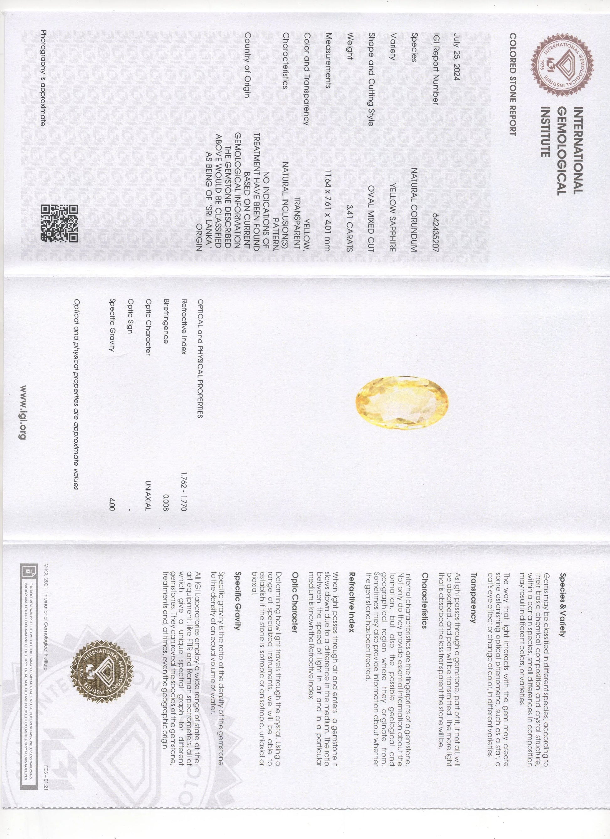 3.41 Ct IGI Certified Unheated Untreated Natural Ceylon Yellow Sapphire - Venus Gems