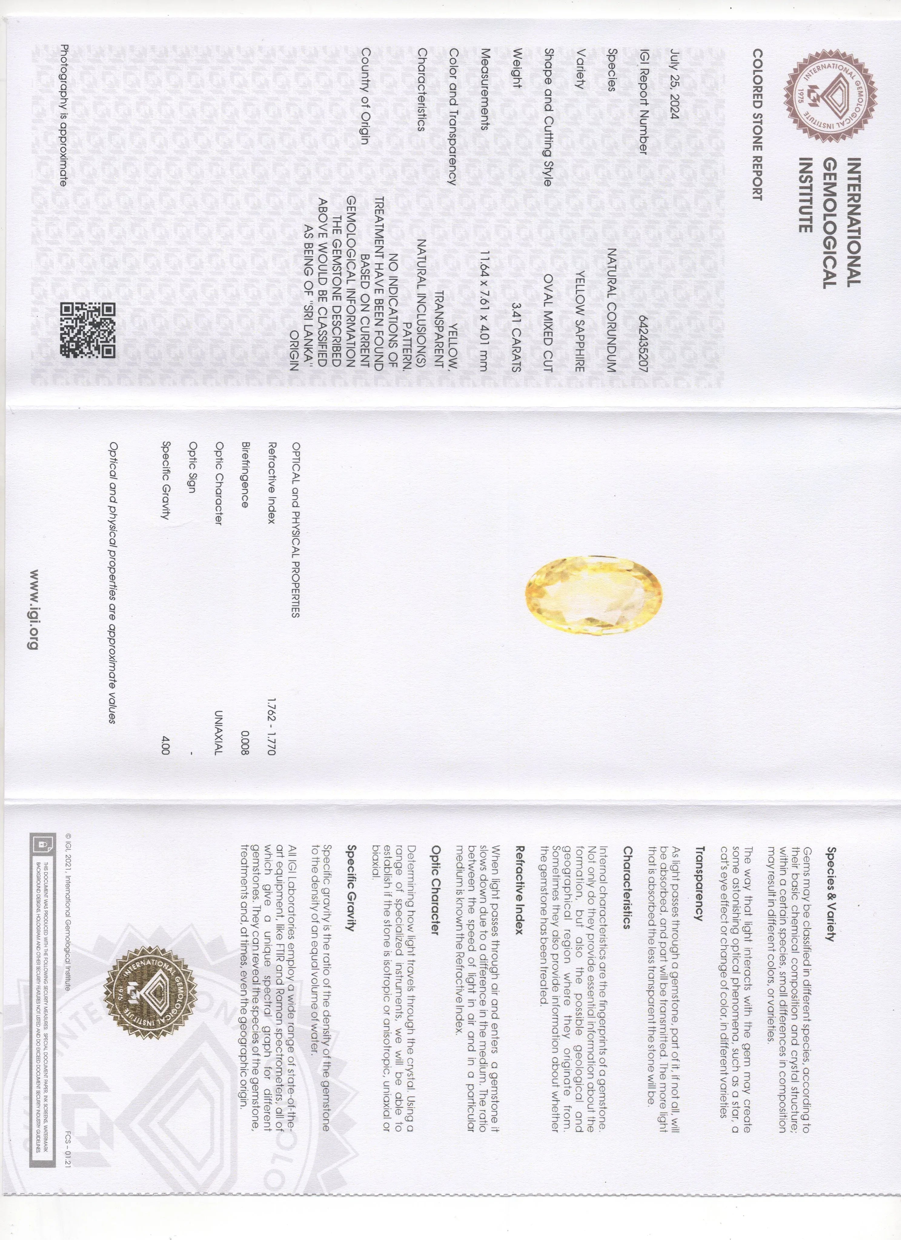 3.41 Ct IGI Certified Unheated Untreated Natural Ceylon Yellow Sapphire - Venus Gems
