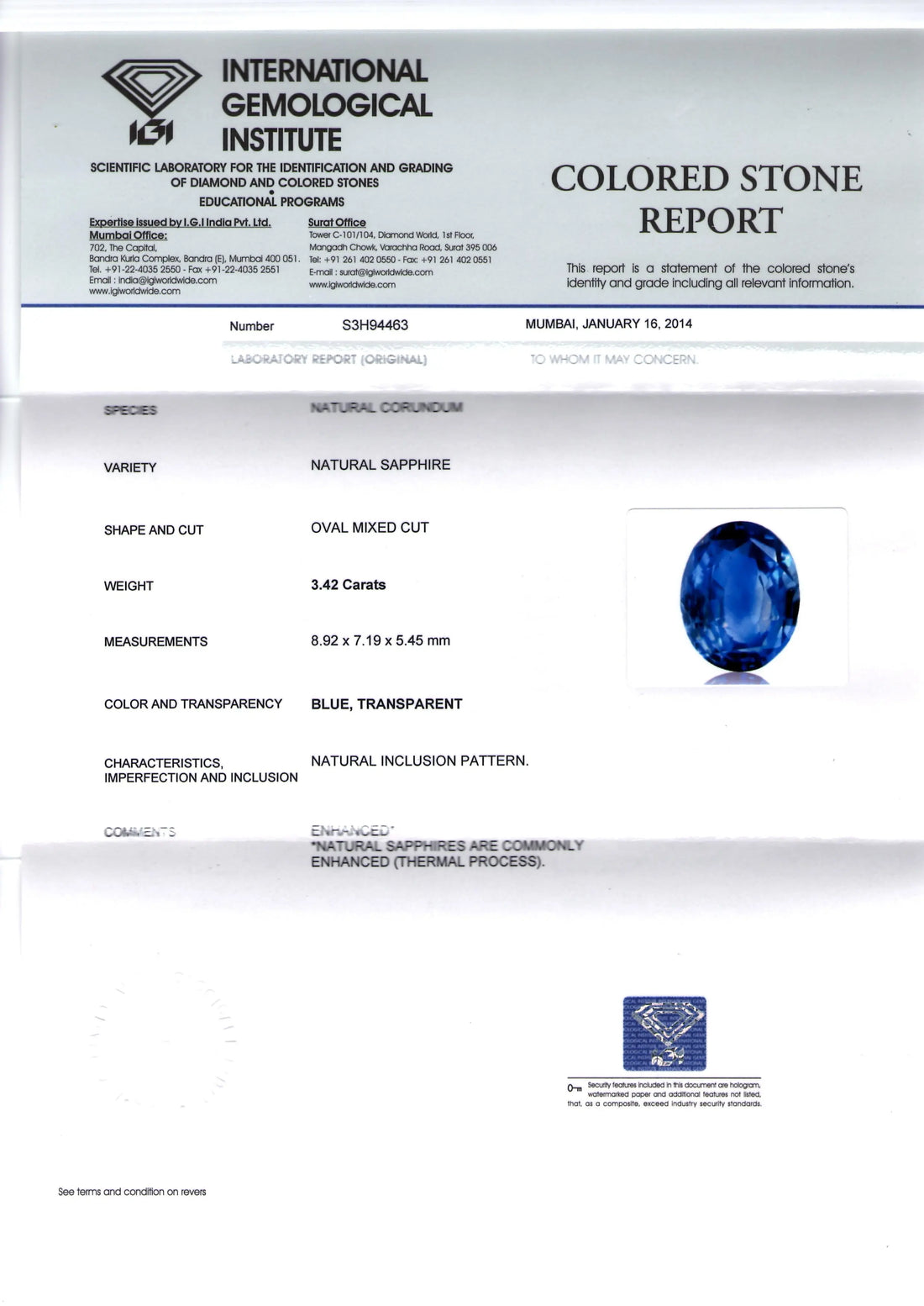 3.42 Ct IGI Certified Untreated Natural Ceylon Blue Sapphire Gems