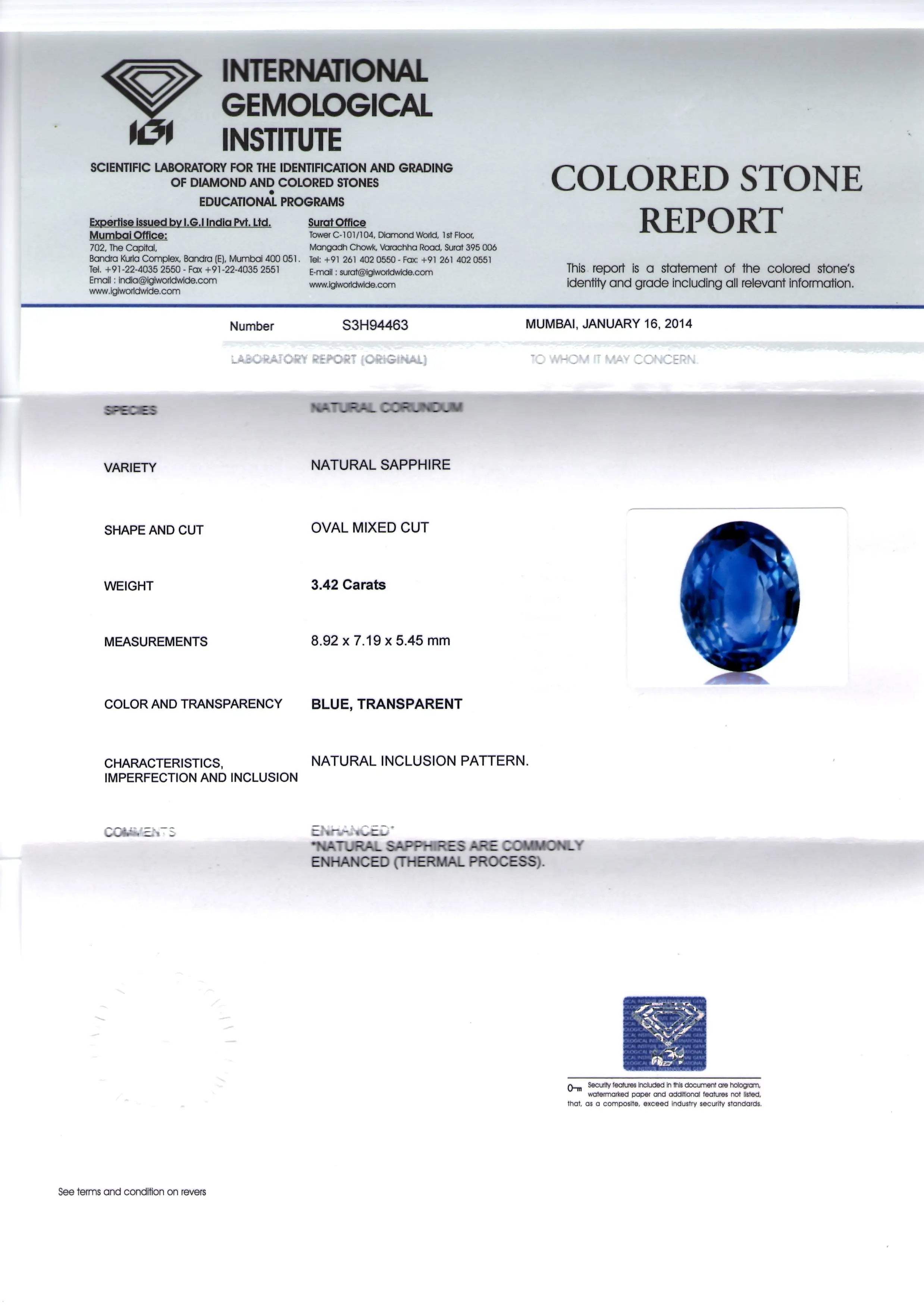 3.42 Ct IGI Certified Untreated Natural Ceylon Blue Sapphire Gems