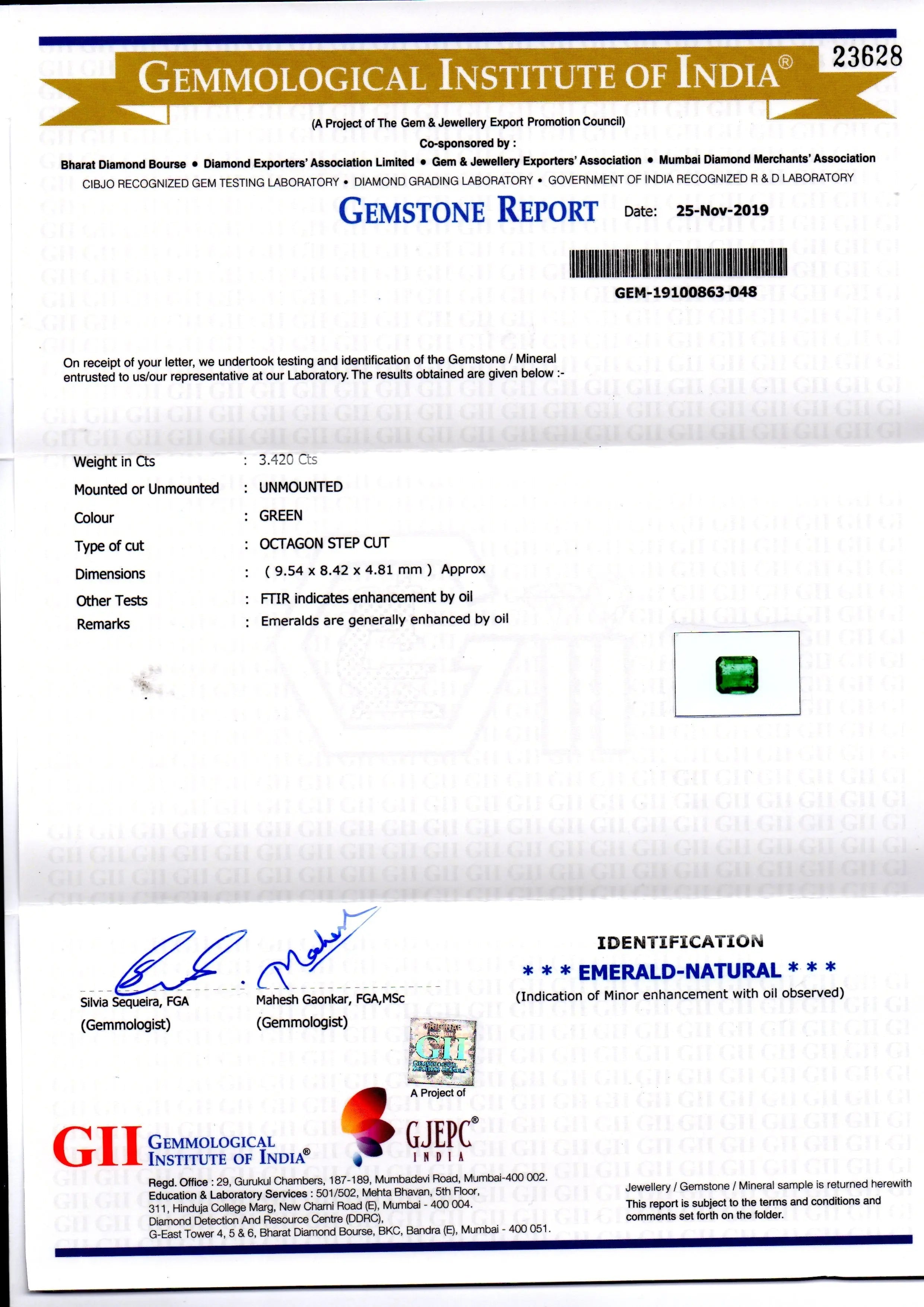 3.42 Ct GII Certified Untreated Natural Zambian Emerald Gemstone